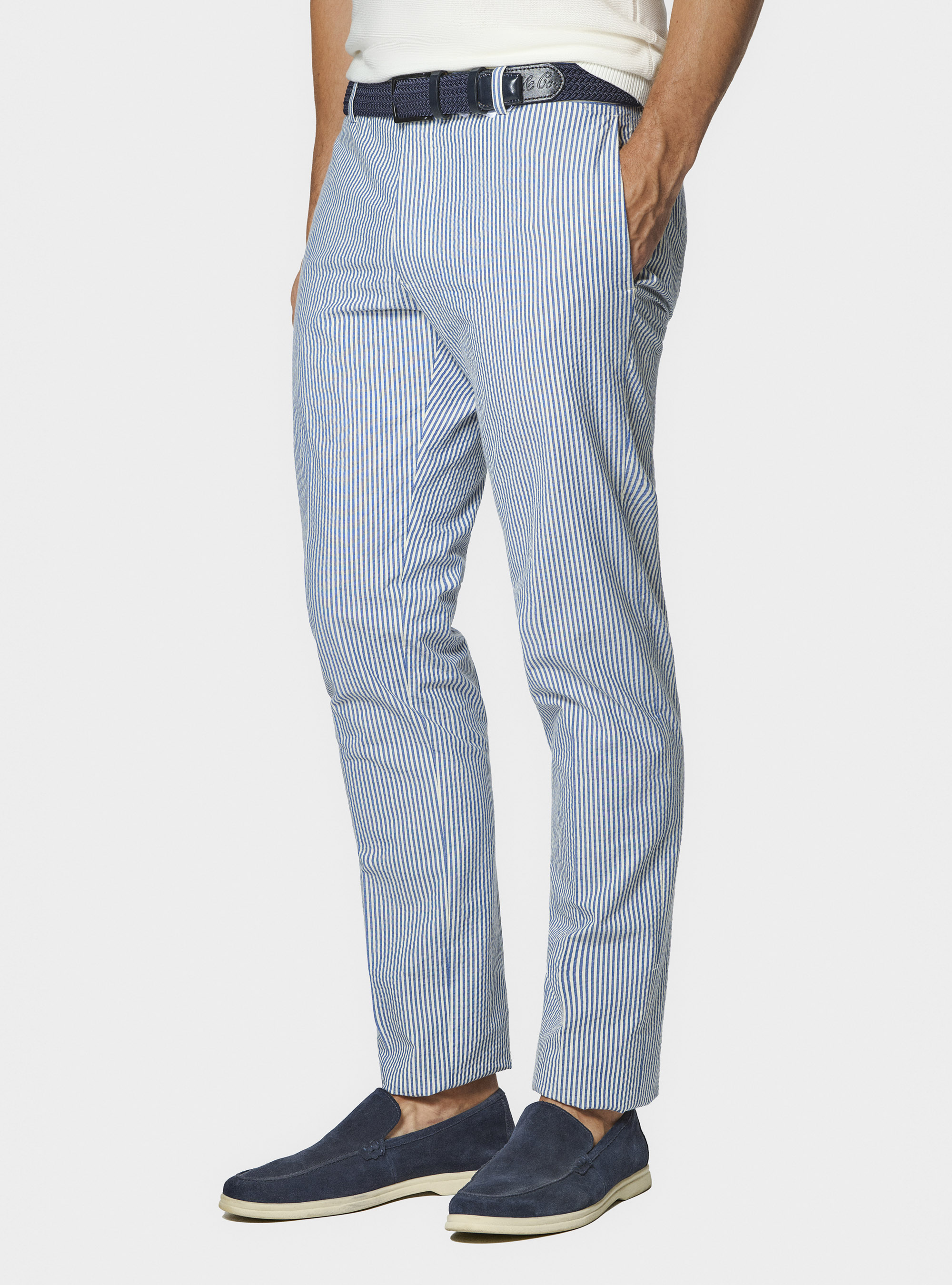 Pantalon seersucker en coton m&eacute;lang&eacute; ray&eacute;, BLEU
