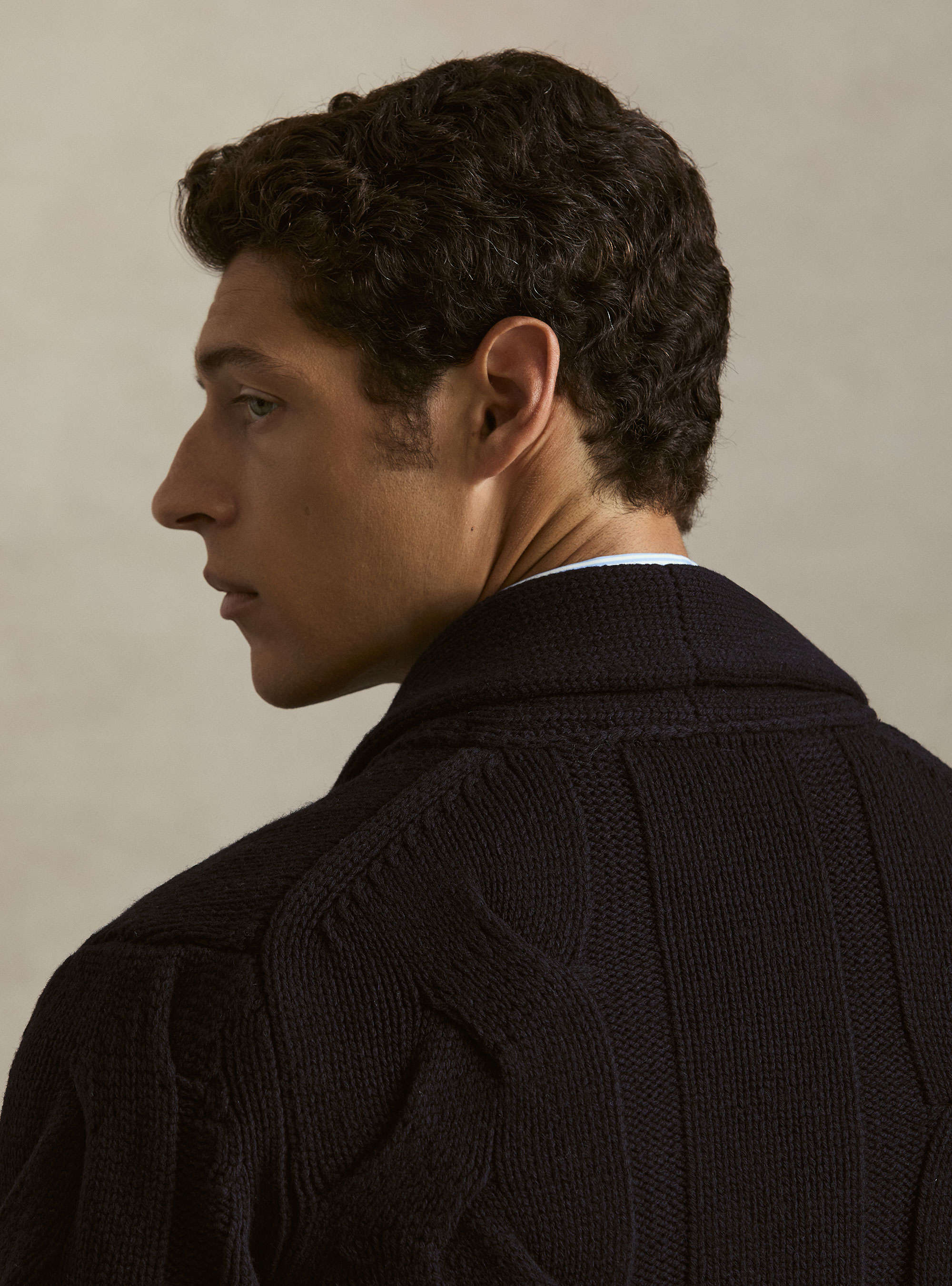 Cardigan sciallato con treccia in lana lambswool e cashmere, BLU NAVY