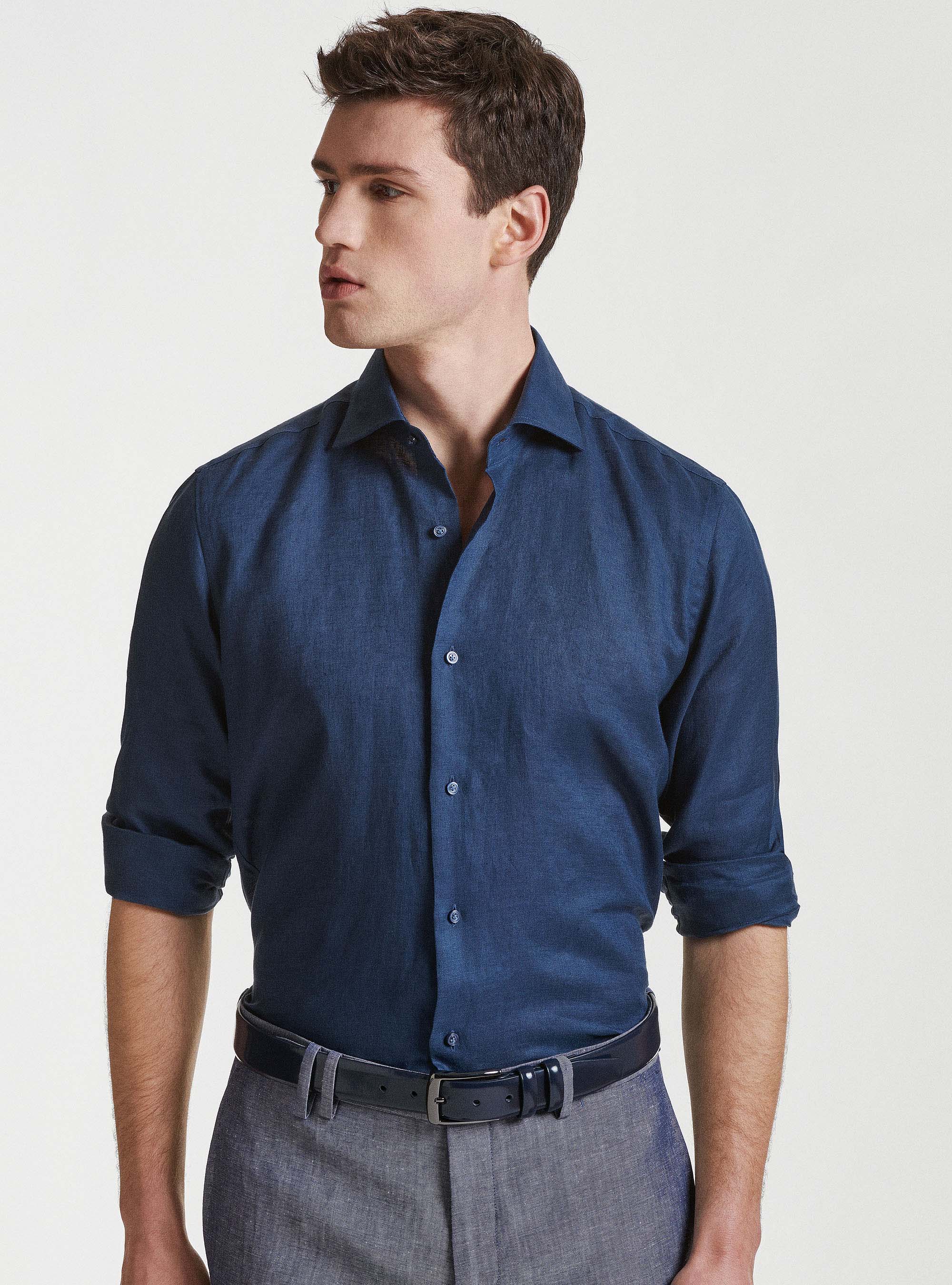 Pure Linen Shirt with Semi-French Collar, NAVY BLUE