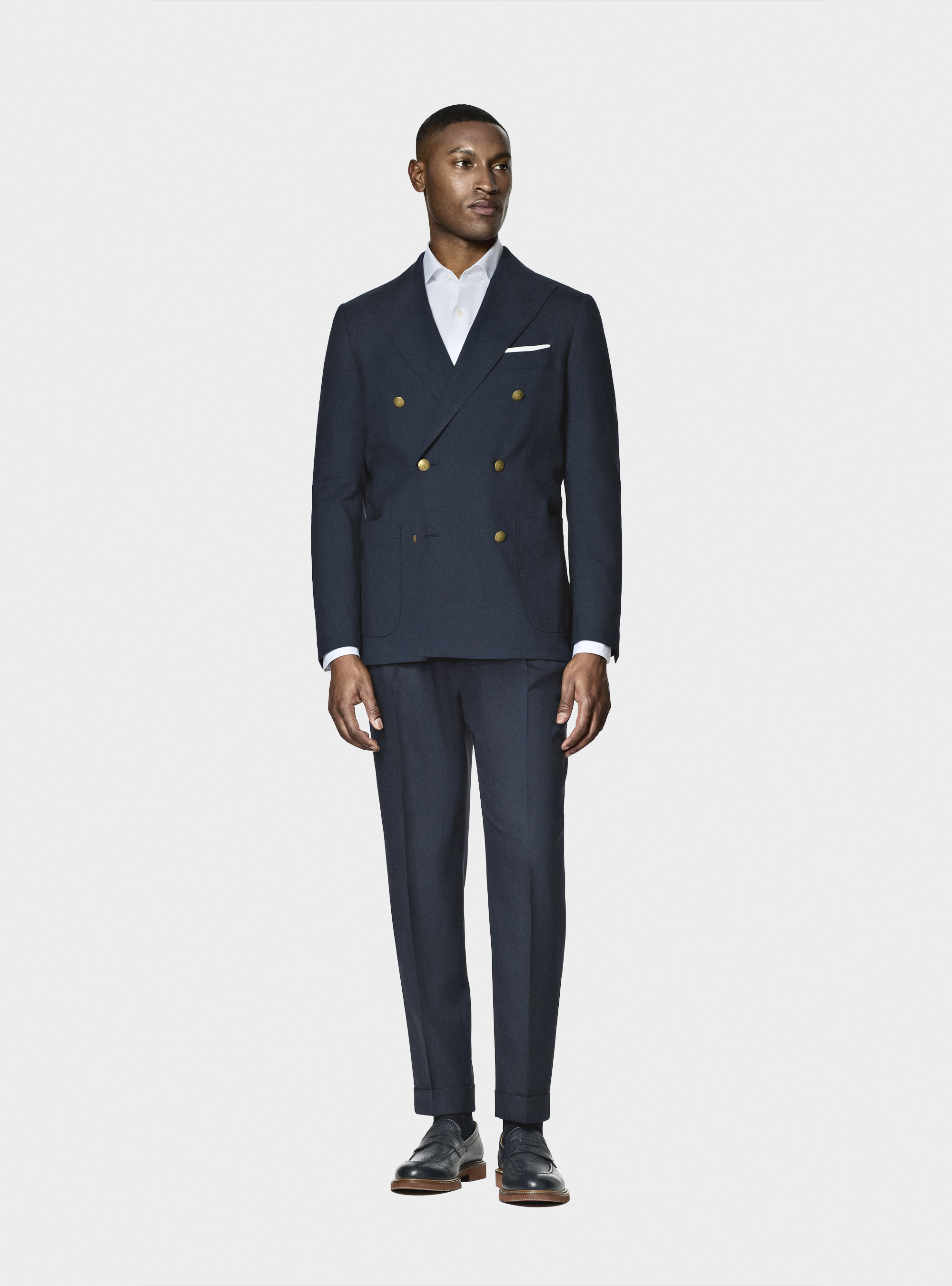 Giacca doppiopetto in lana con bottone metallo, NAVY