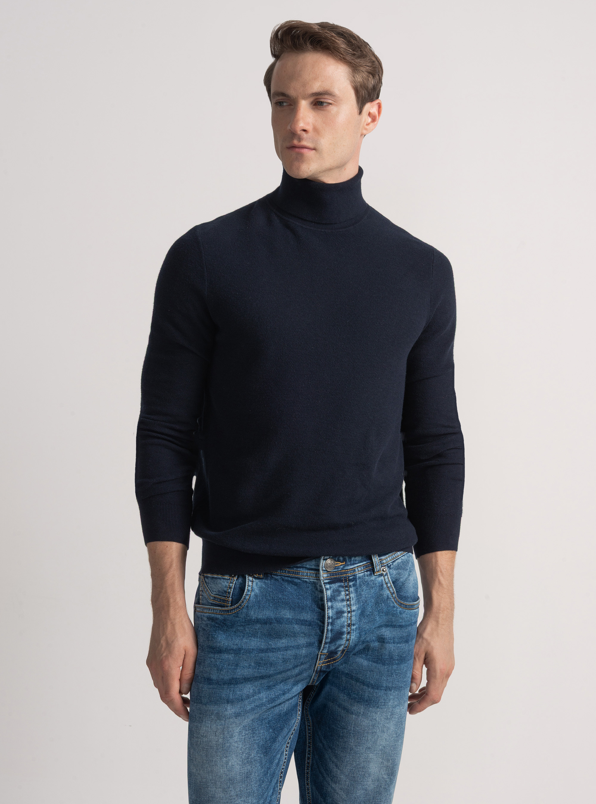 Rollkragenpullover mit Wabenmuster aus Baumwollkaschmir, NAVY 0218C