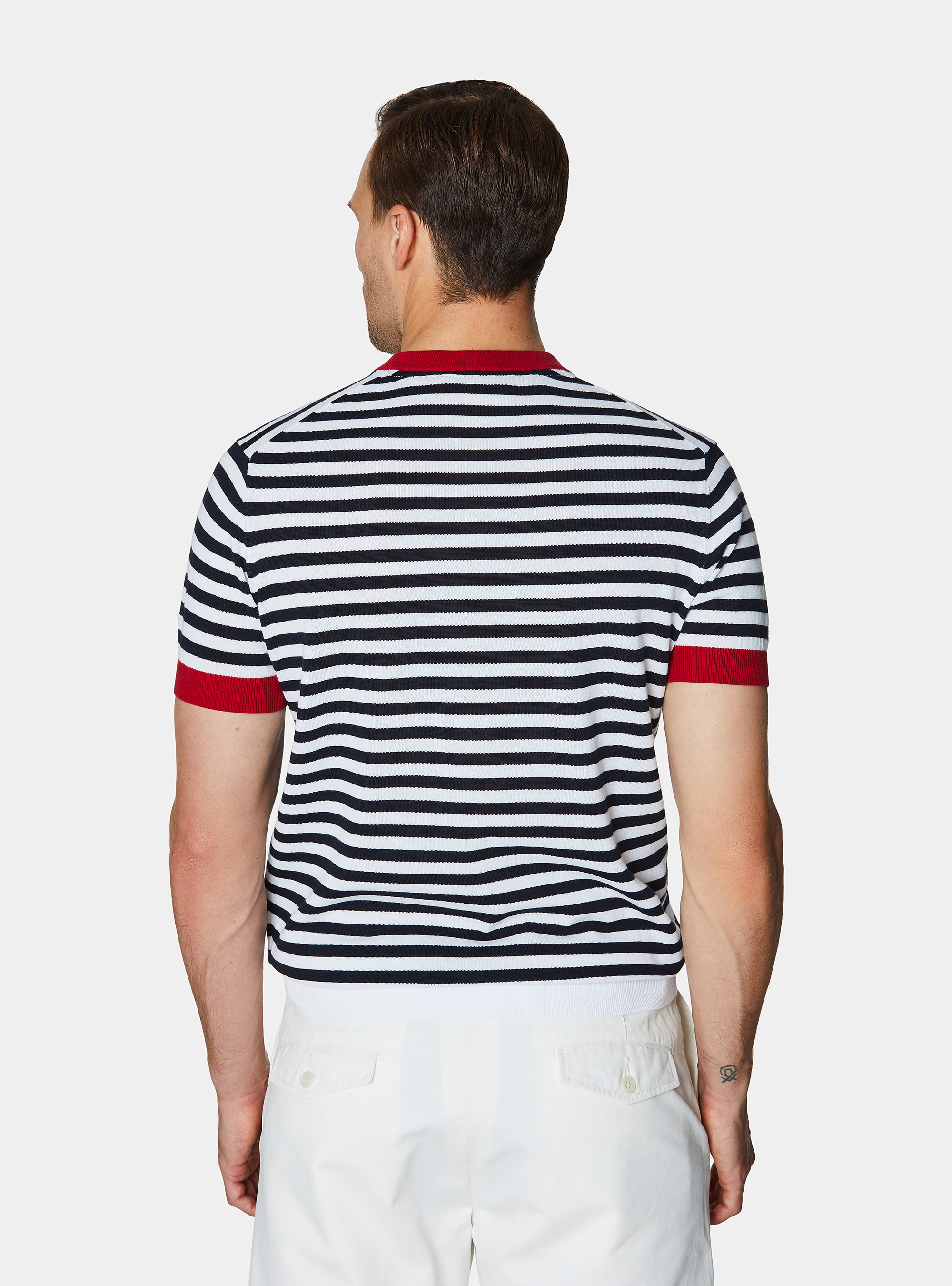 Rundhals-Pullover aus extrafeiner gestreifter Baumwolle, NAVY 0218C