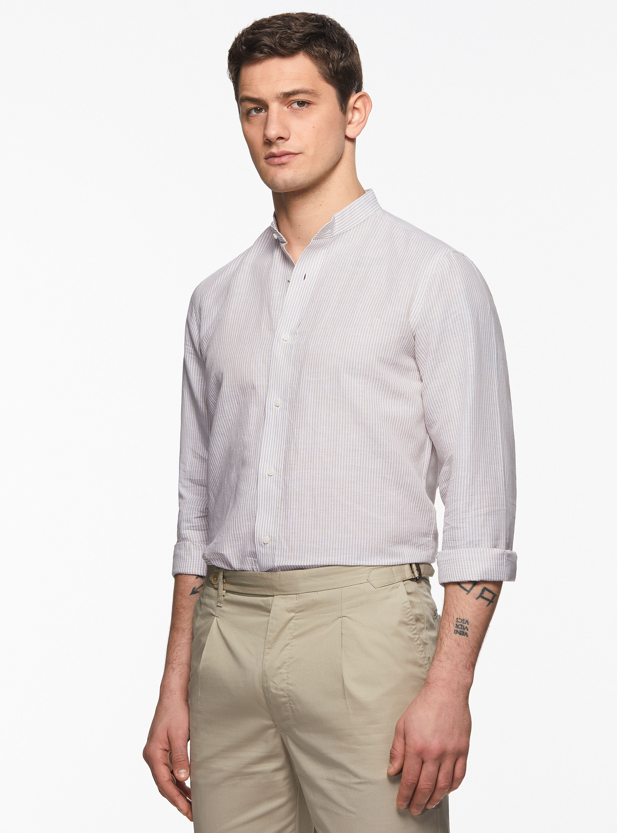 Camicia collo alla coreana in lino e cotone, SABBIA