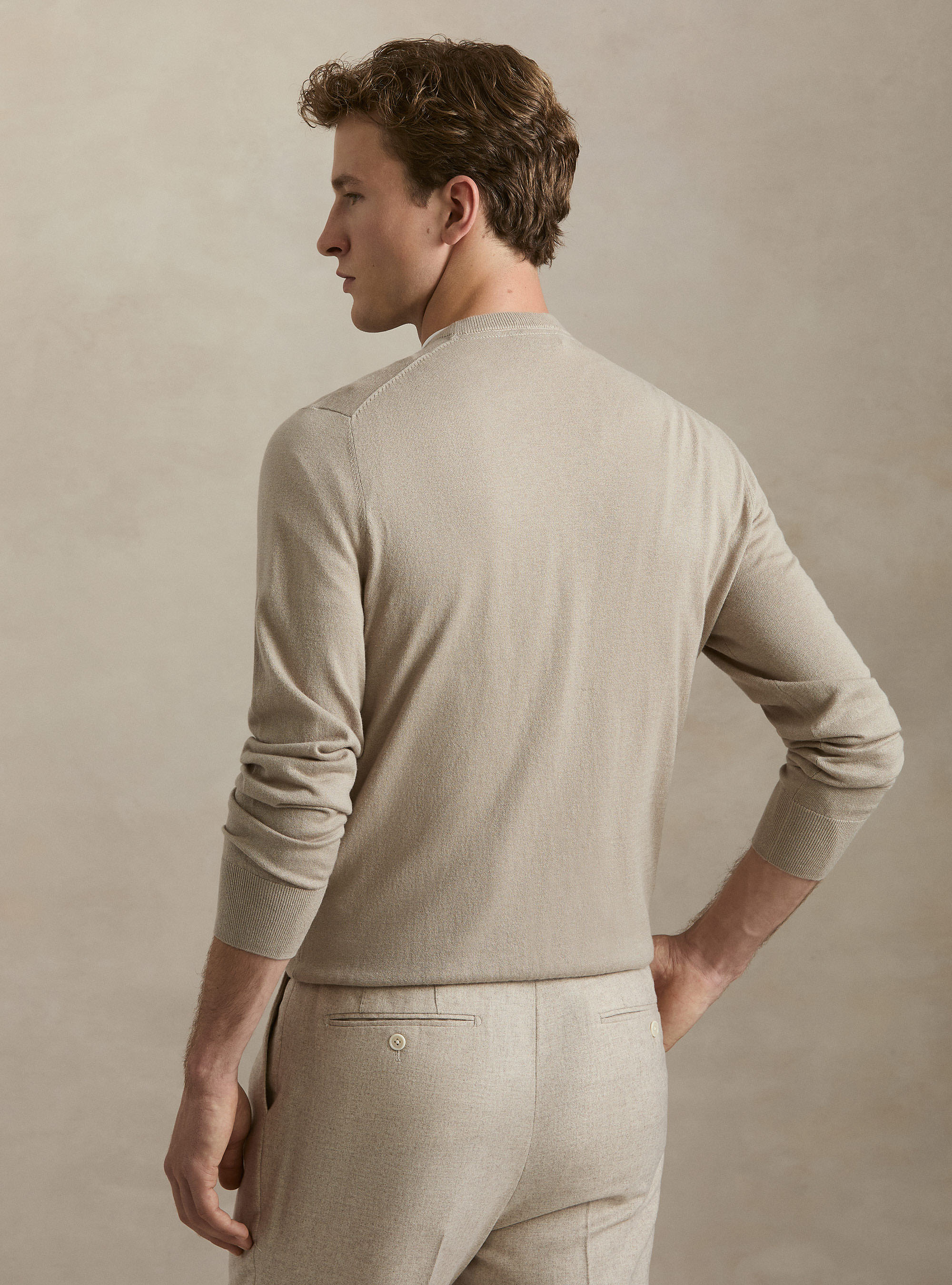 Cotton, silk and cashmere blend crewneck sweater, SAND