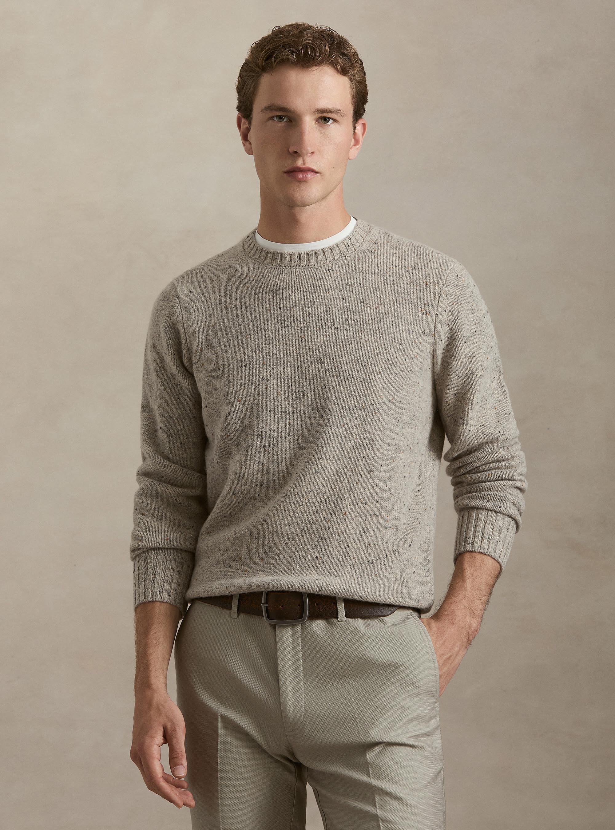 Rundhalspullover aus Merino-Wollmischung mit Noppen-Struktur, GRIGIO CHIARO MEL 0150C