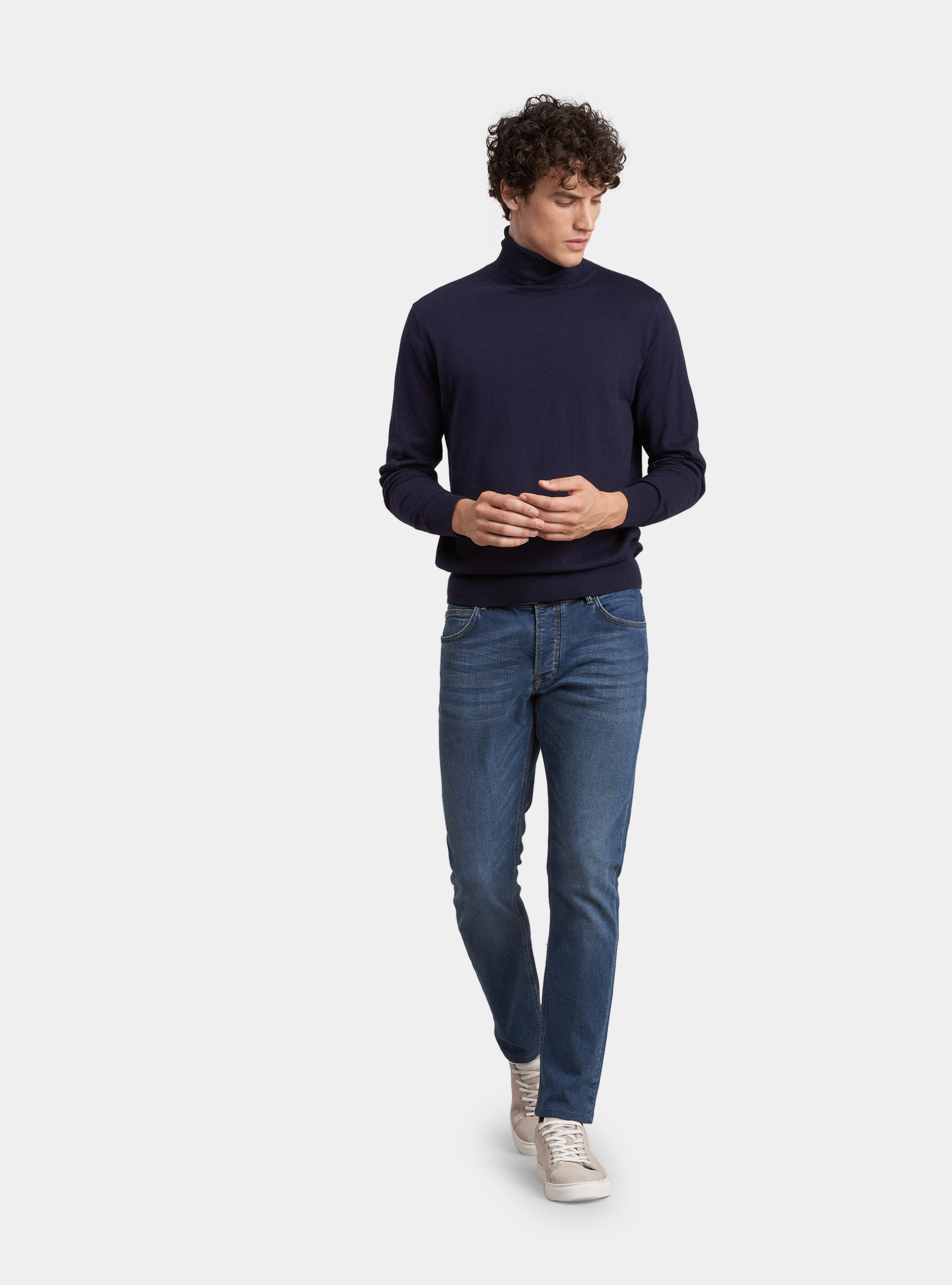 Cotton silk and cashmere turtleneck sweater, NAVY BLUE