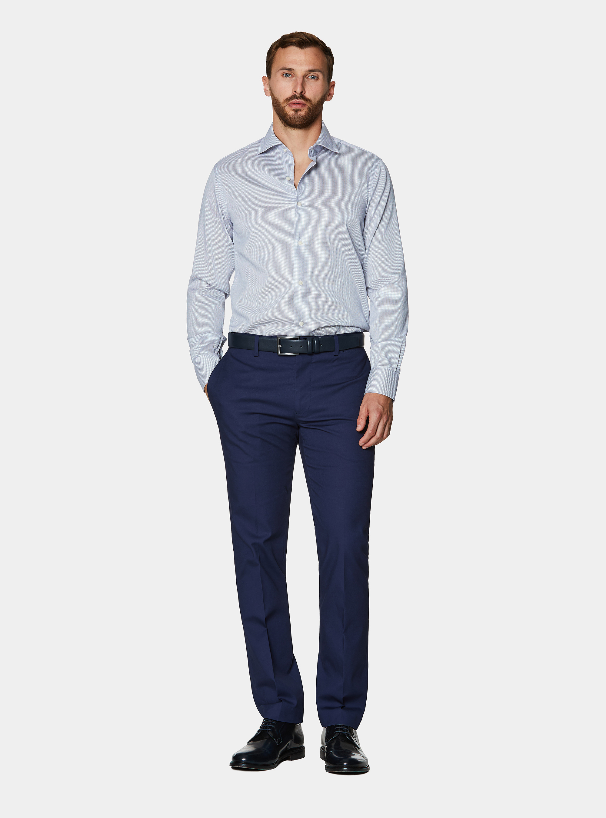 Camisa de algod&oacute;n con estampado de microcuadros, AZUL MEDIO