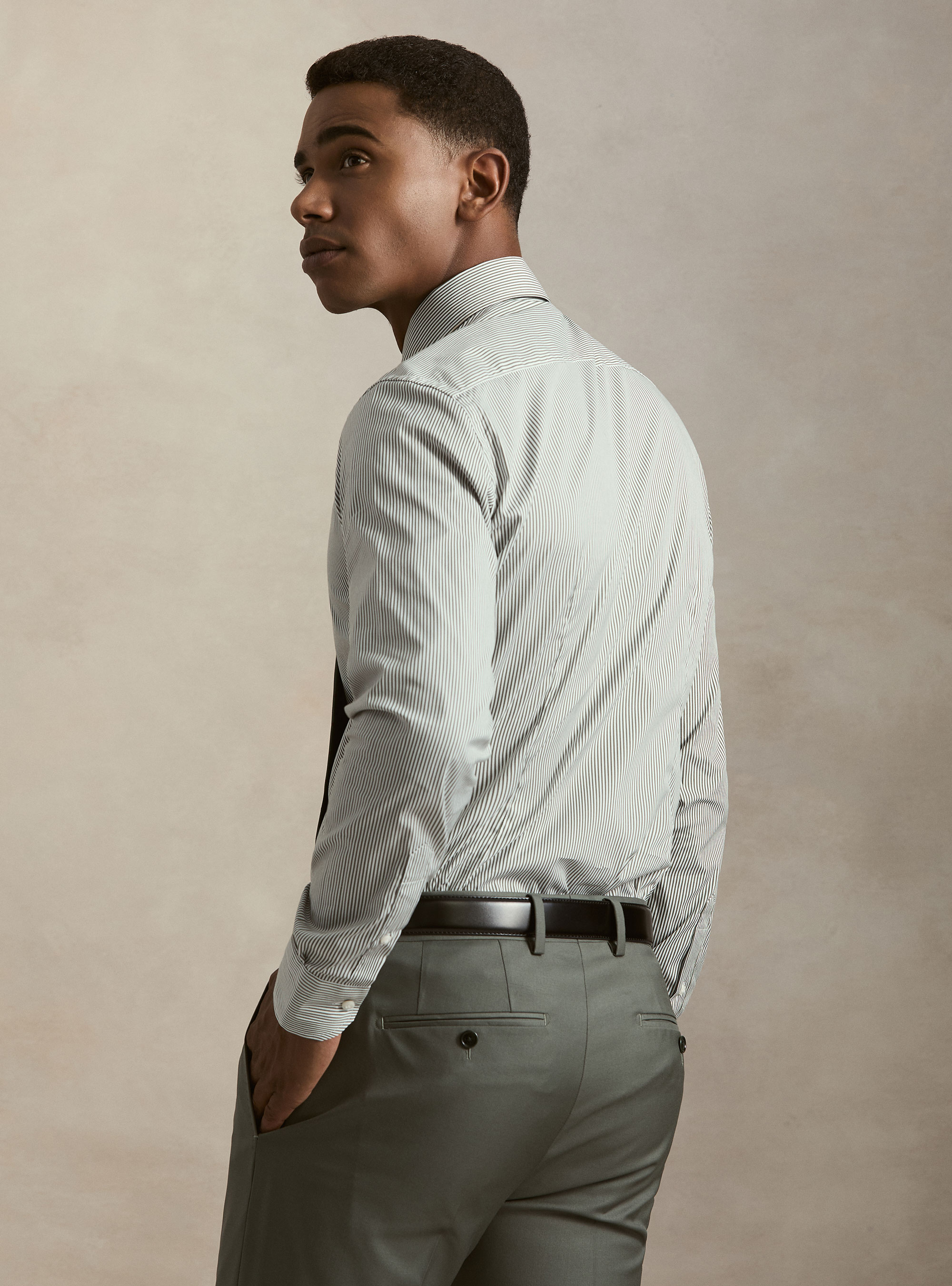 Camicia in cotone rigato popeline stretch, VERDE