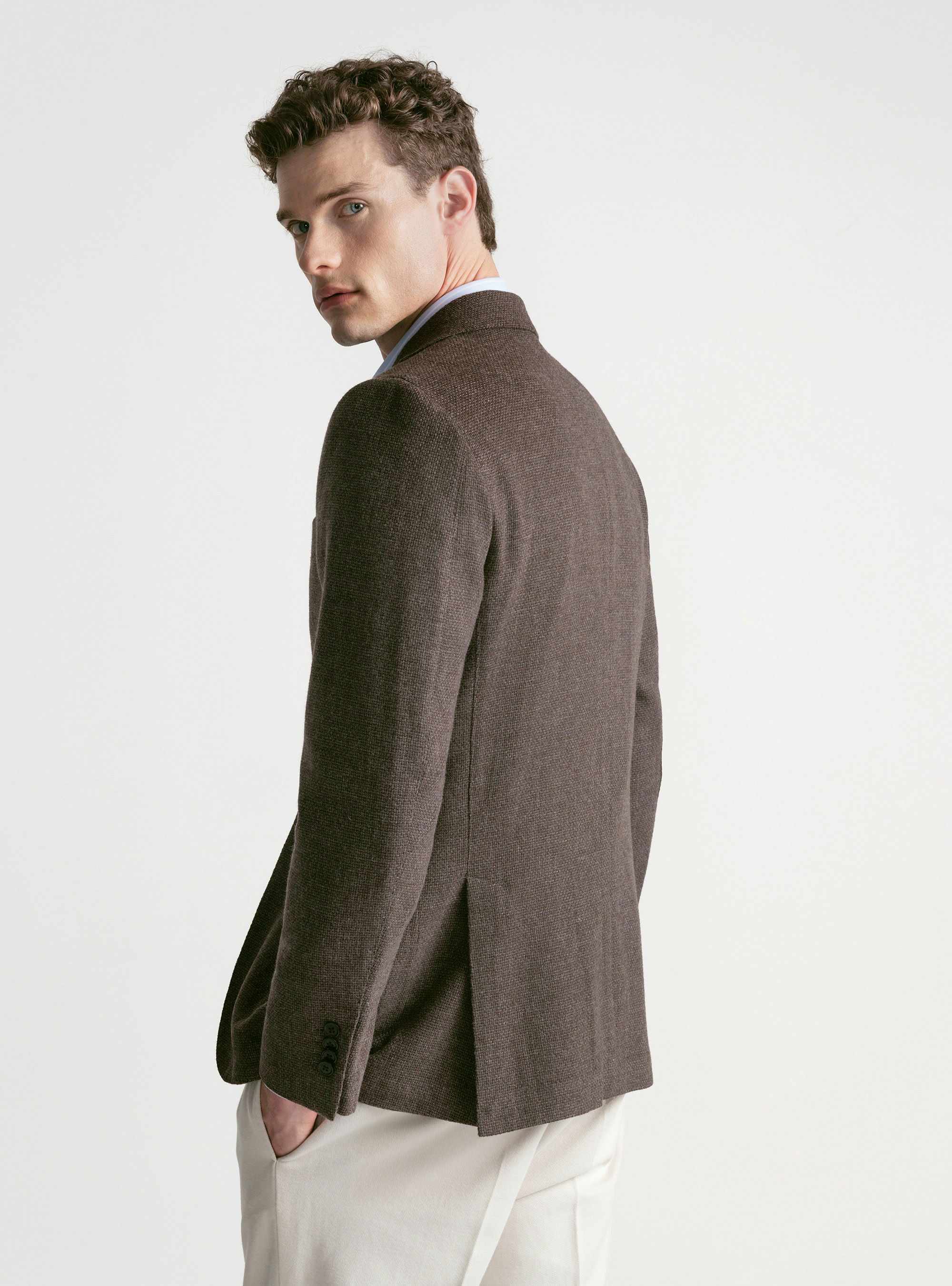 Giacca hopsack in lana cotone e cashmere, FANGO