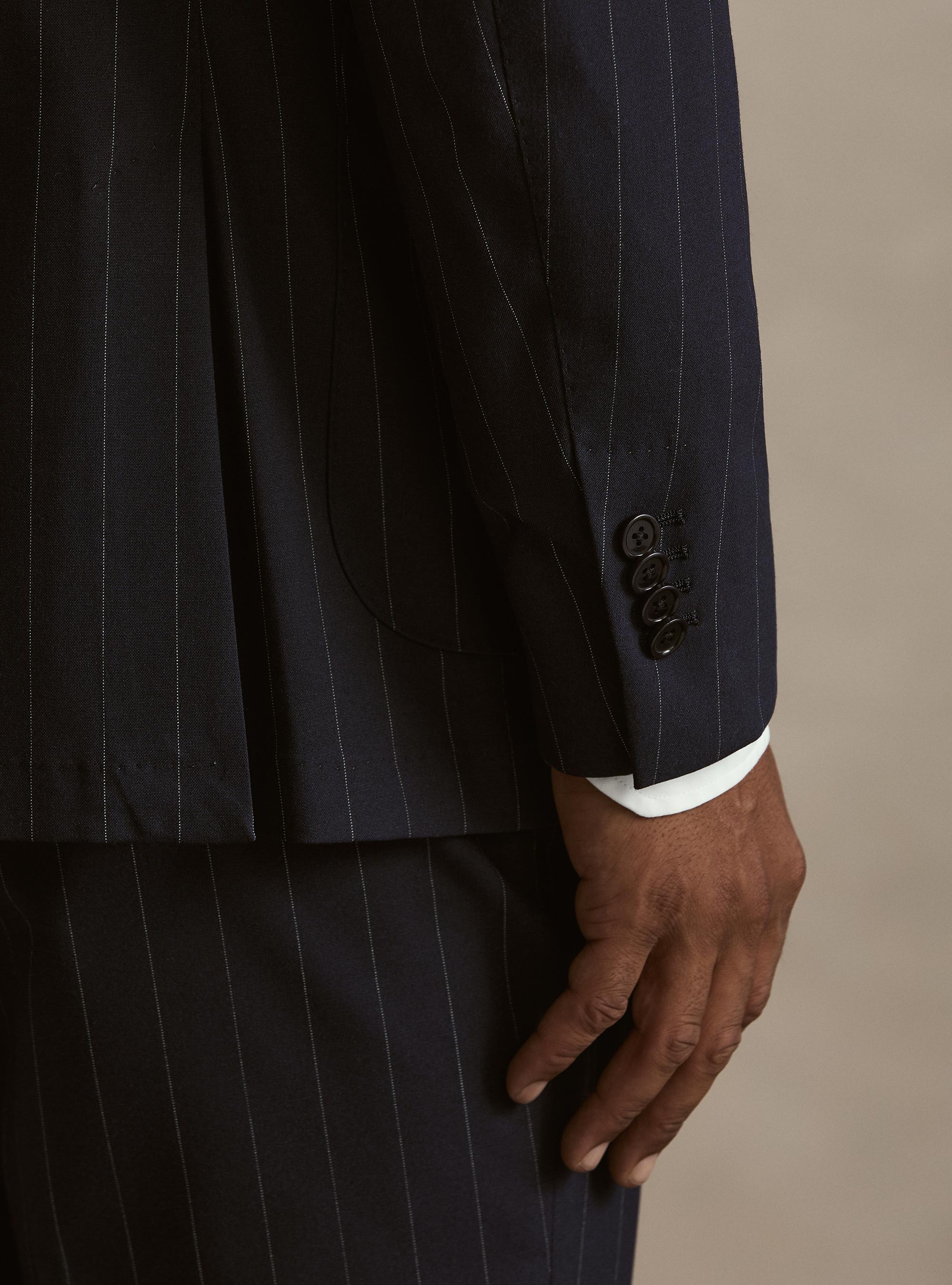 Double-breasted pinstripe suit blazer in stretch fabric, NAVY BLUE