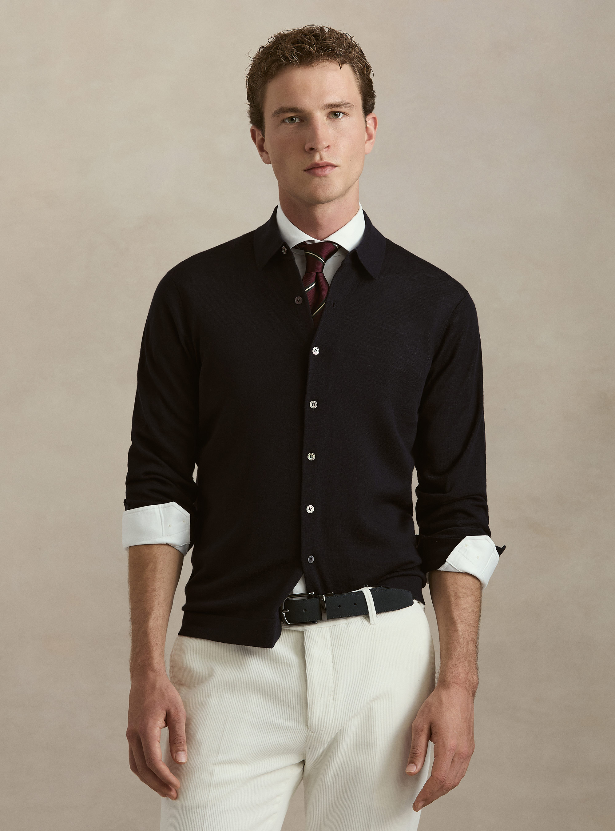 Long-sleeved extrafine merino wool knitted polo, NAVY BLUE