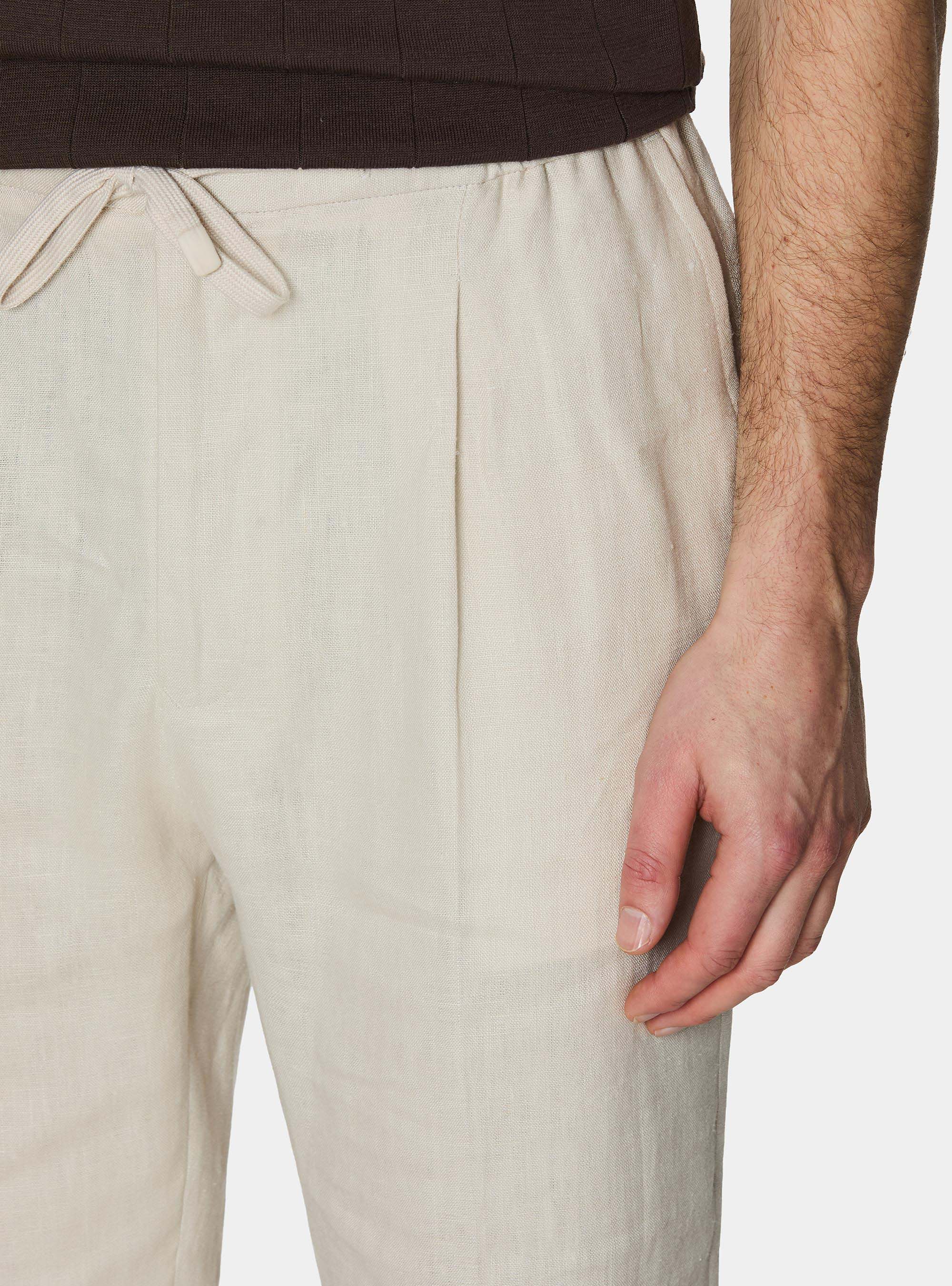 Pure linen trousers with pleat and drawstring, ECRU