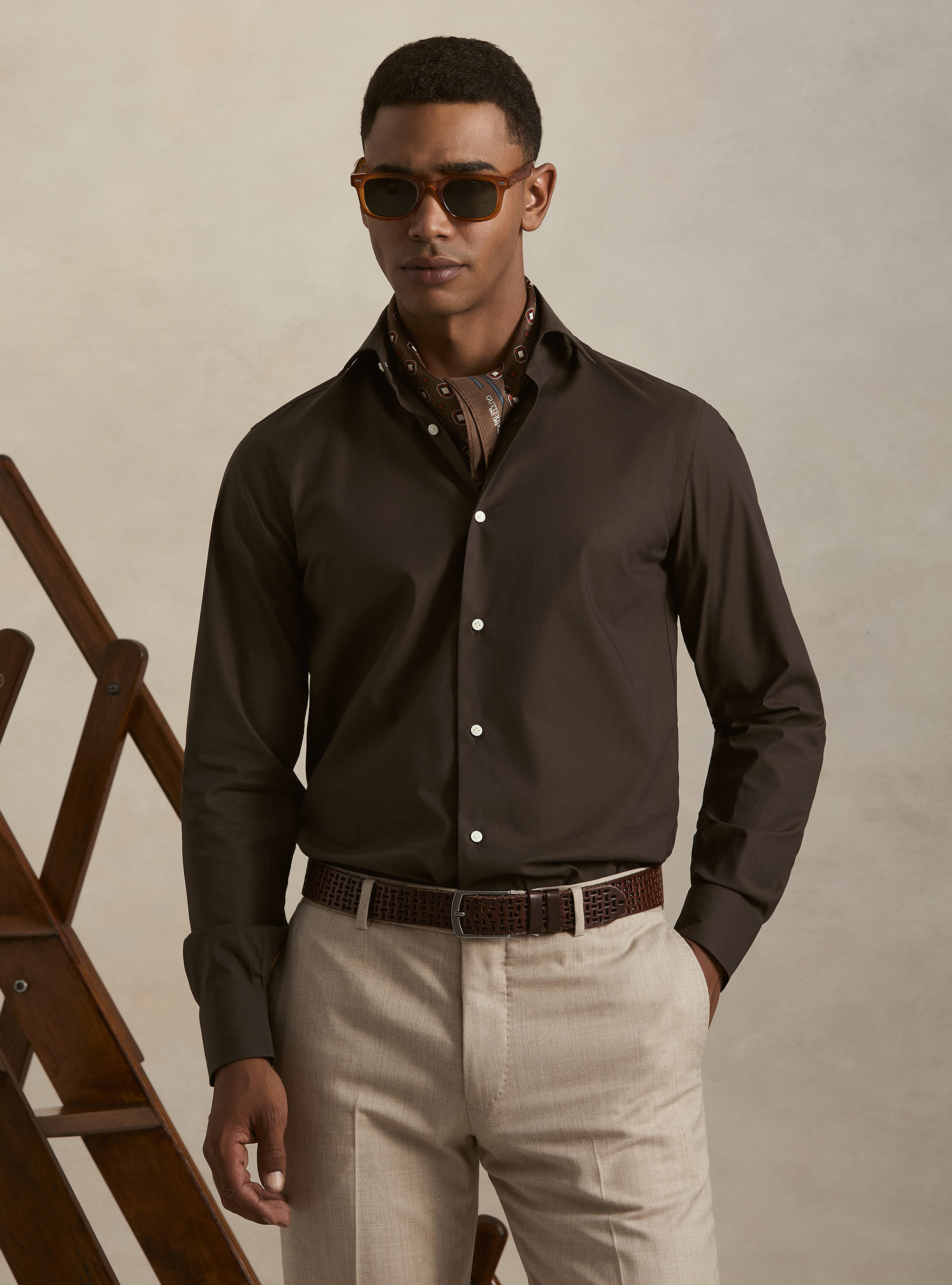Cotton poplin stretch shirt, BROWN