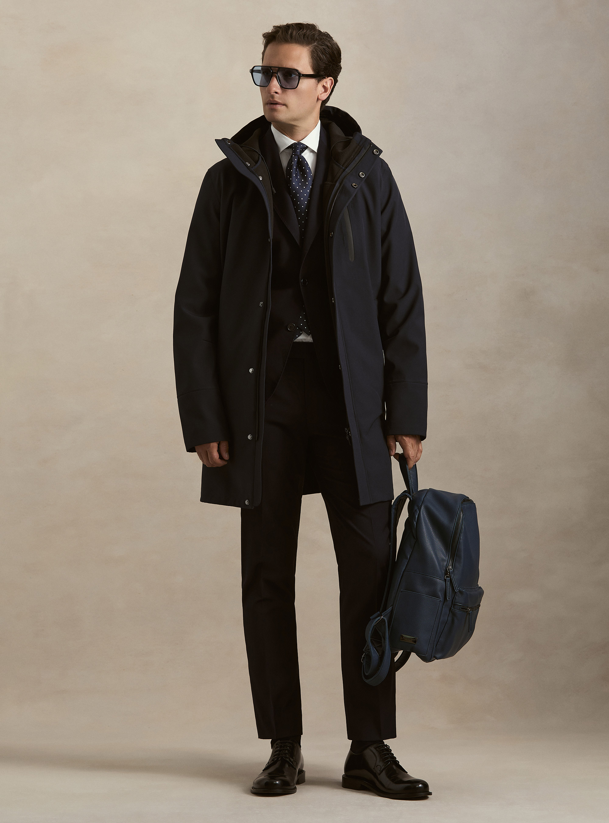 Long technical jacket with a hood, NAVY BLUE