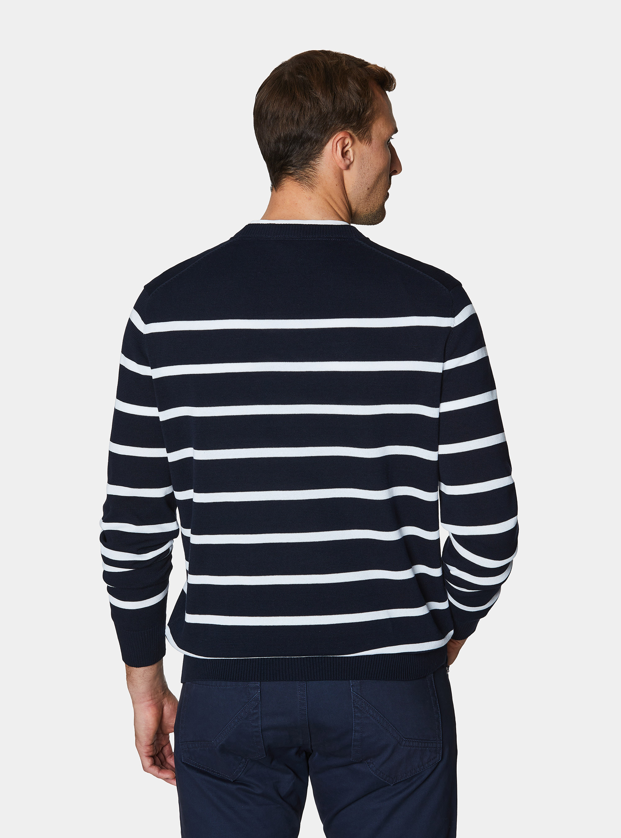 Maglia girocollo in cotone extrafine rigato, BLU NAVY