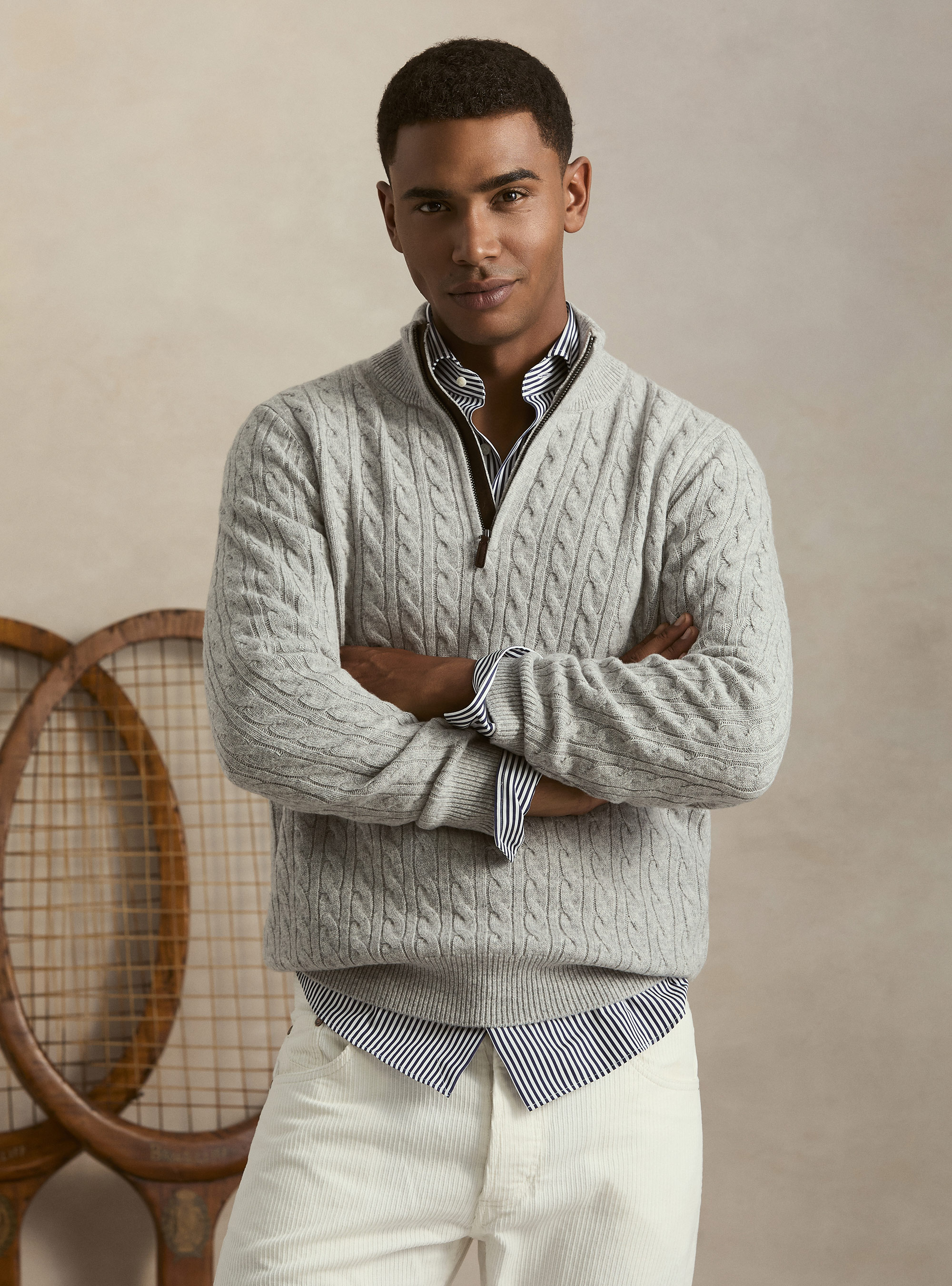 Zopfstrickpullover mit Mock-Neck aus Woll-Kaschmir-Mischung, GRIGIO CHIARO MEL 0150C