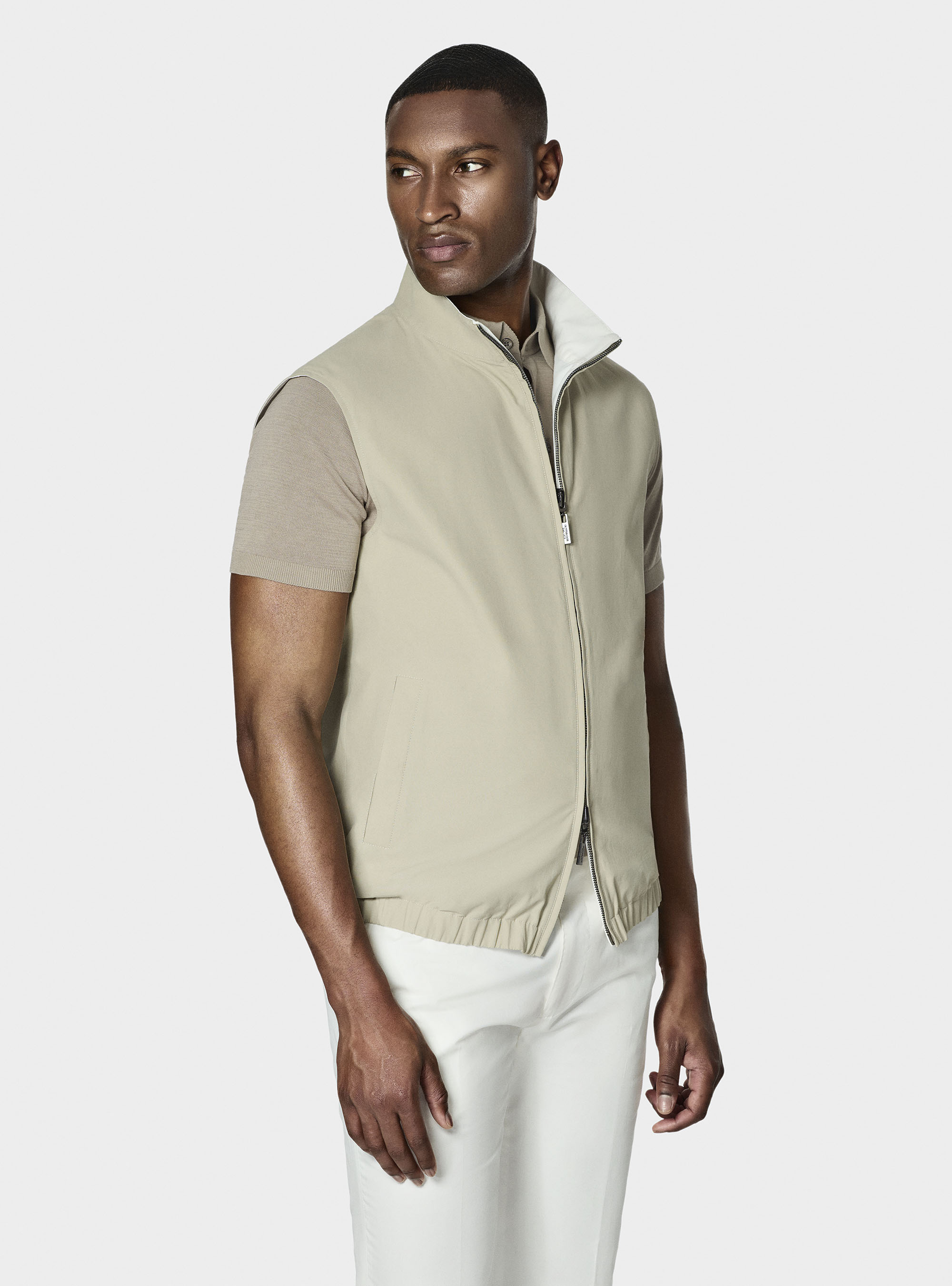 Reversible cotton-blend sleeveless jacket, SAND