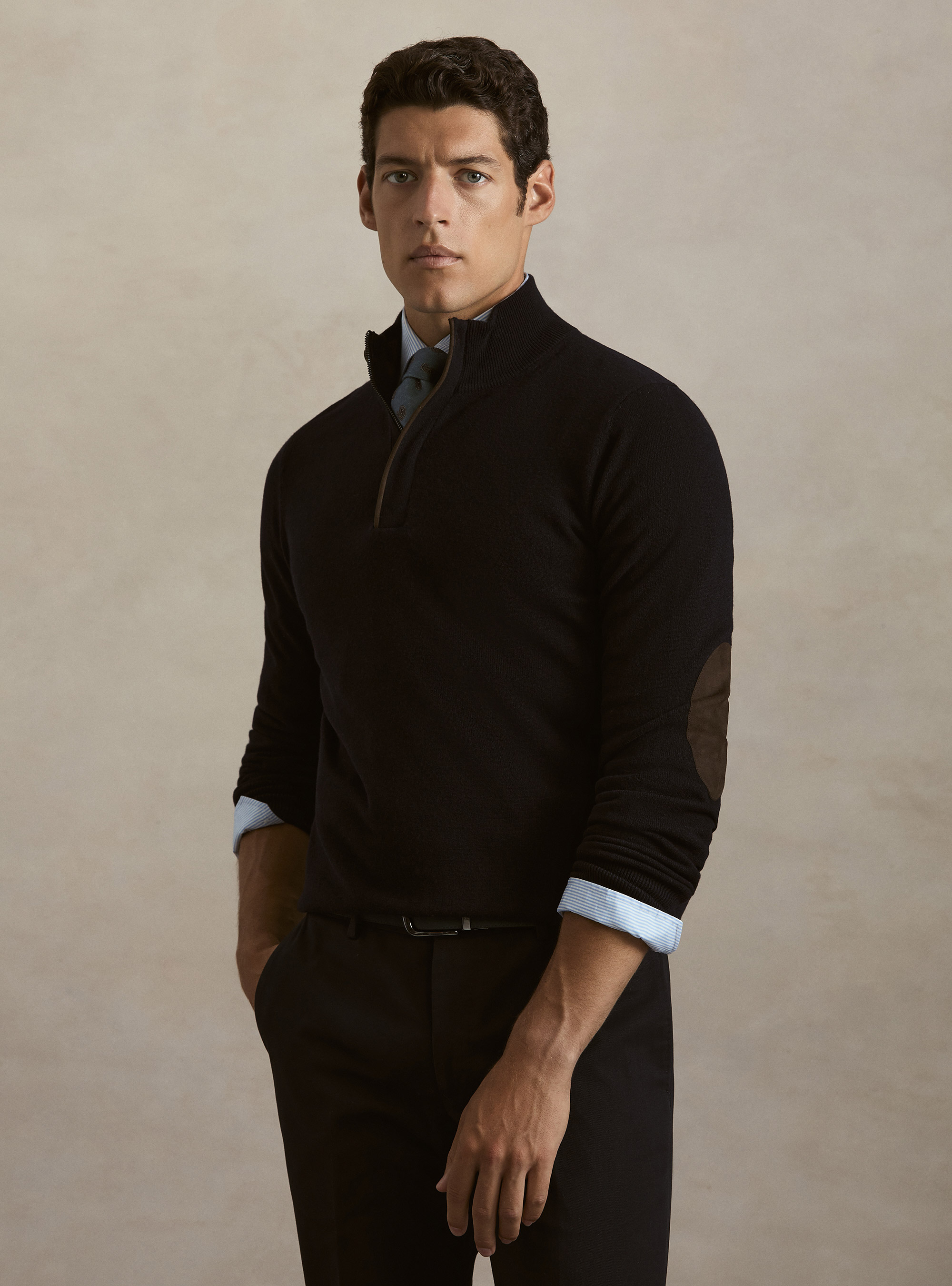 Pull demi-zip en lambswool et cachemire, BLEU MARINE