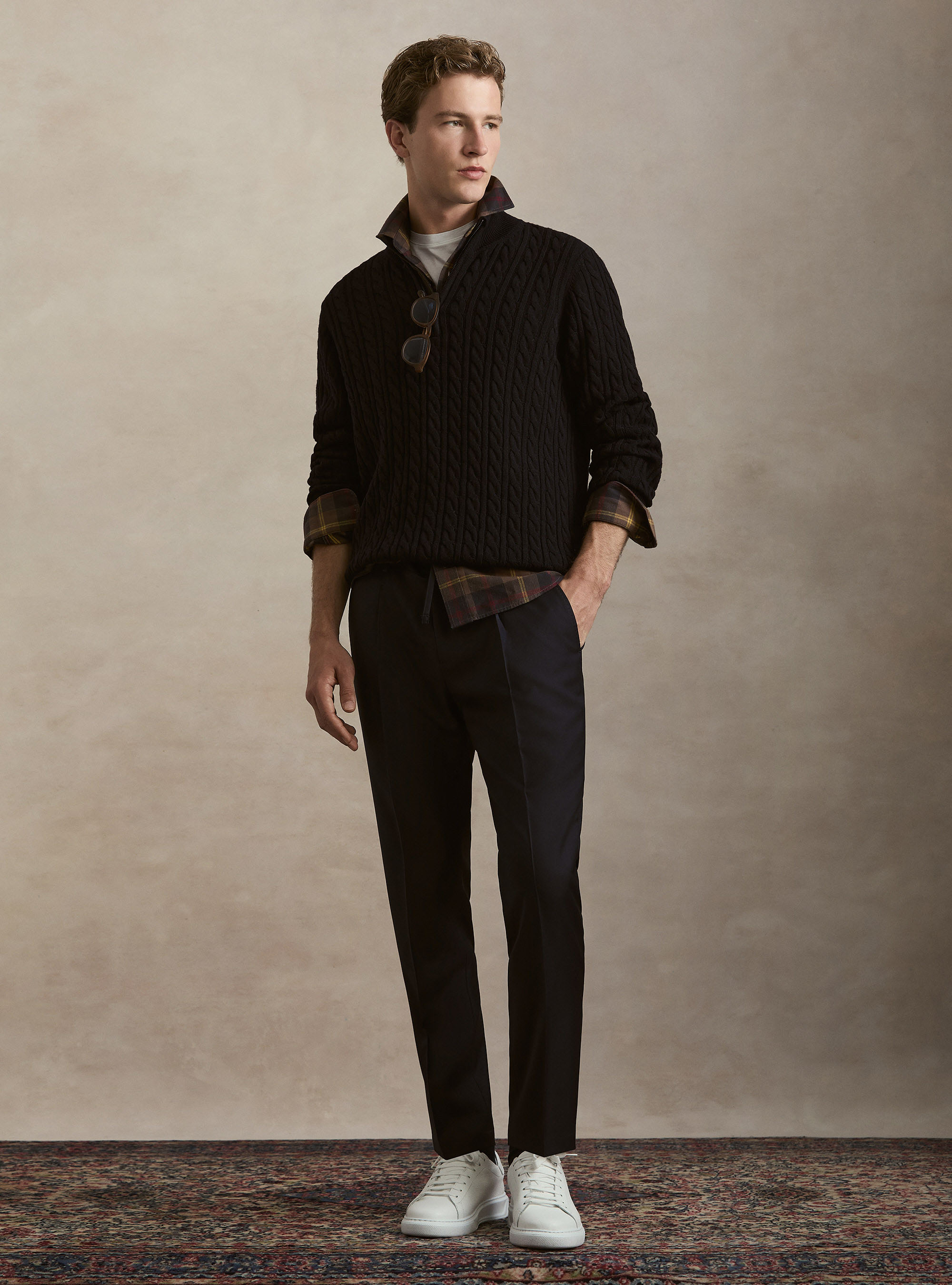 Maglia collo mock con trecca in misto lana, BLU NAVY