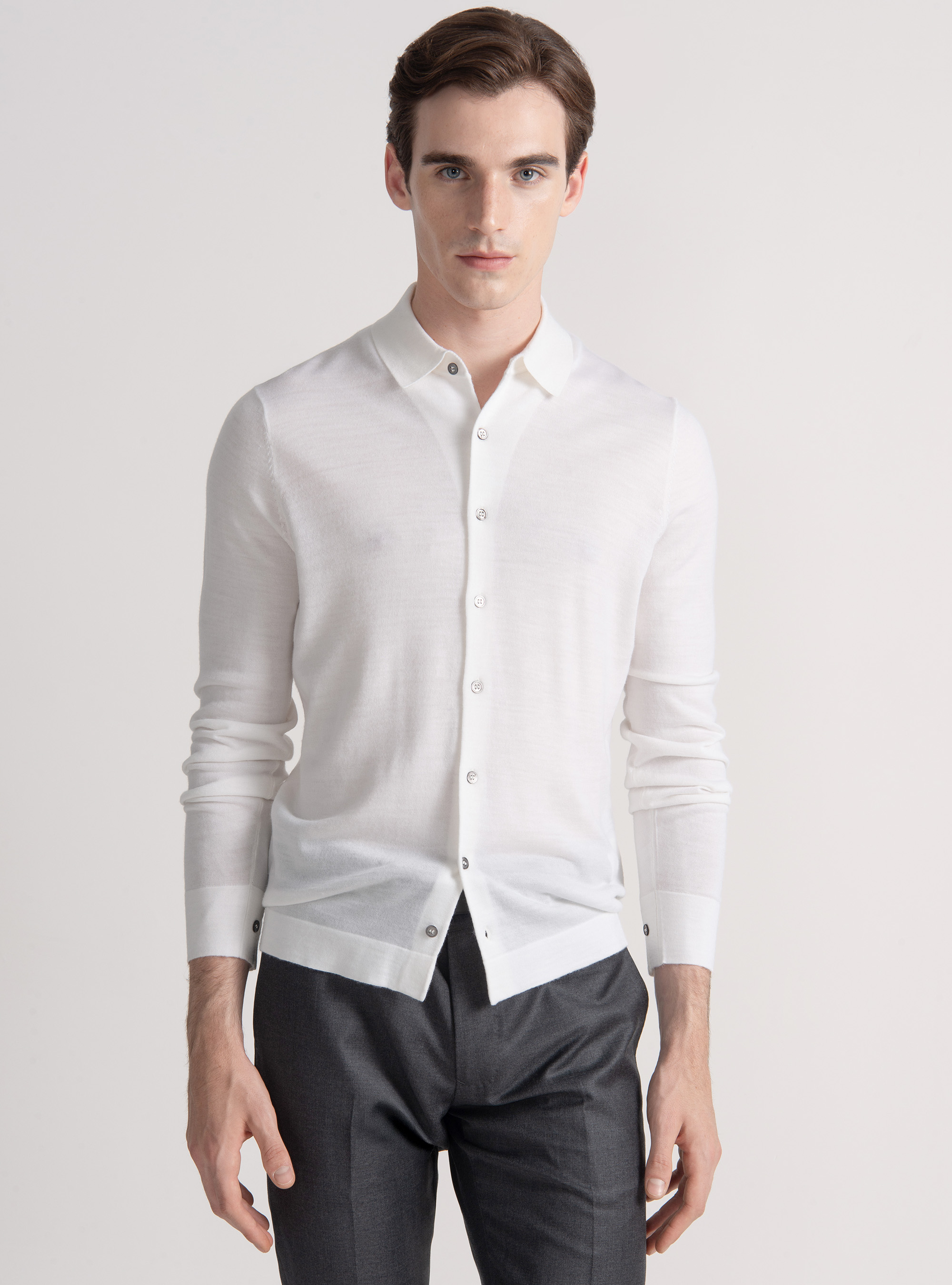 Extra-fine merino wool knit polo shirt, WHITE