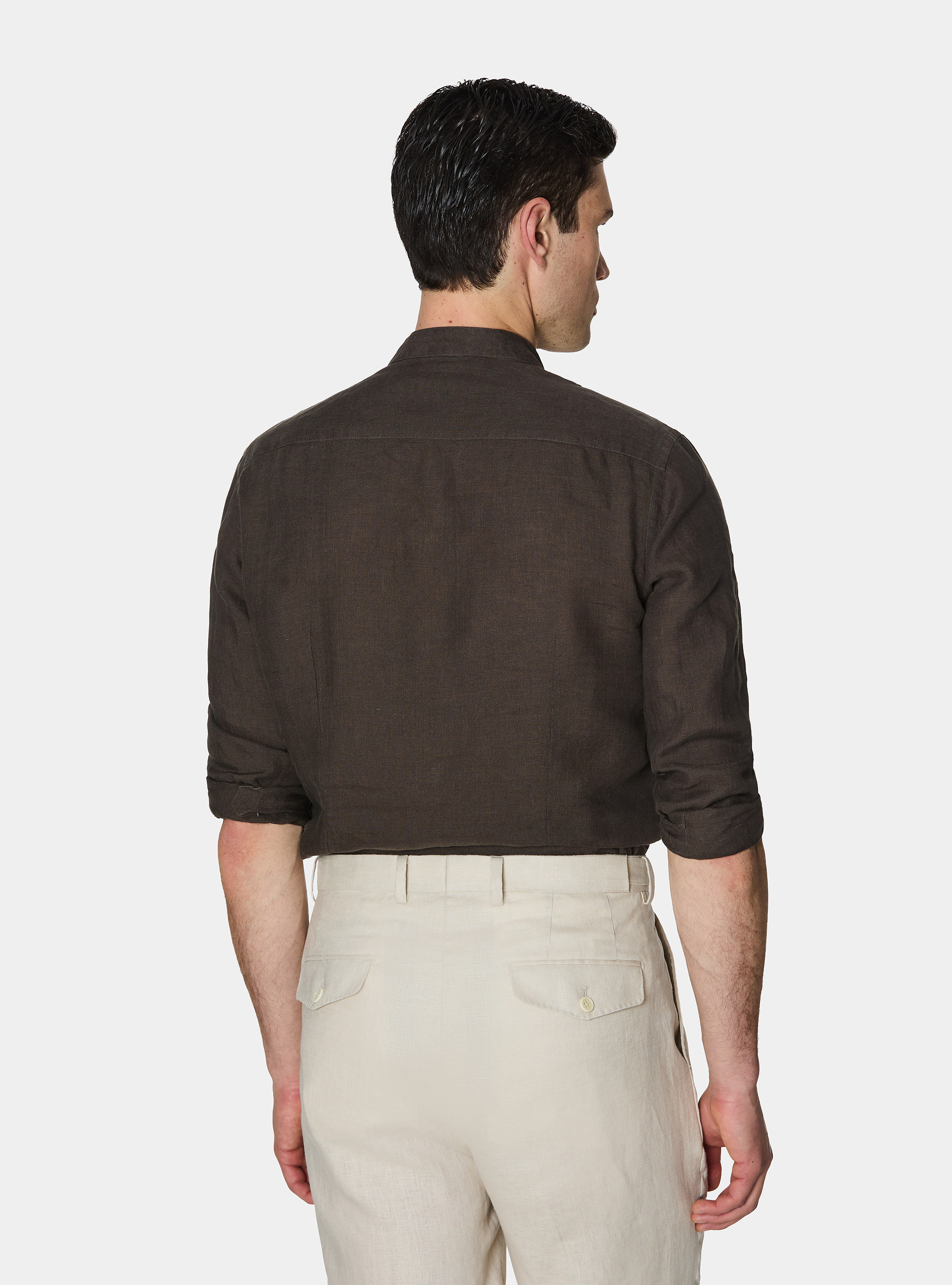 Camisa coreana de lino puro, MARRON