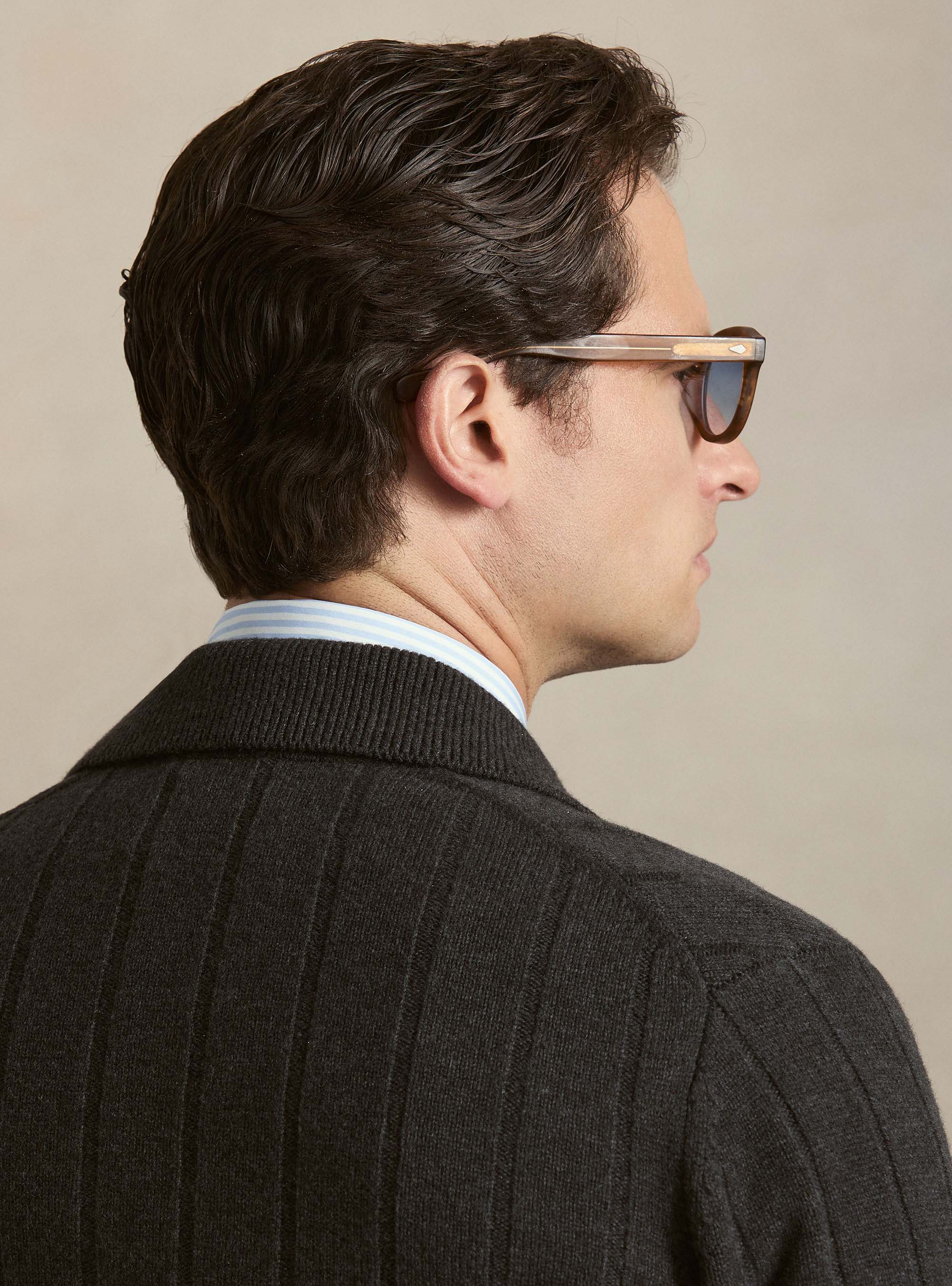Maglia full zip con colletto in lana e cashmere a costa piatta, ASFALTO