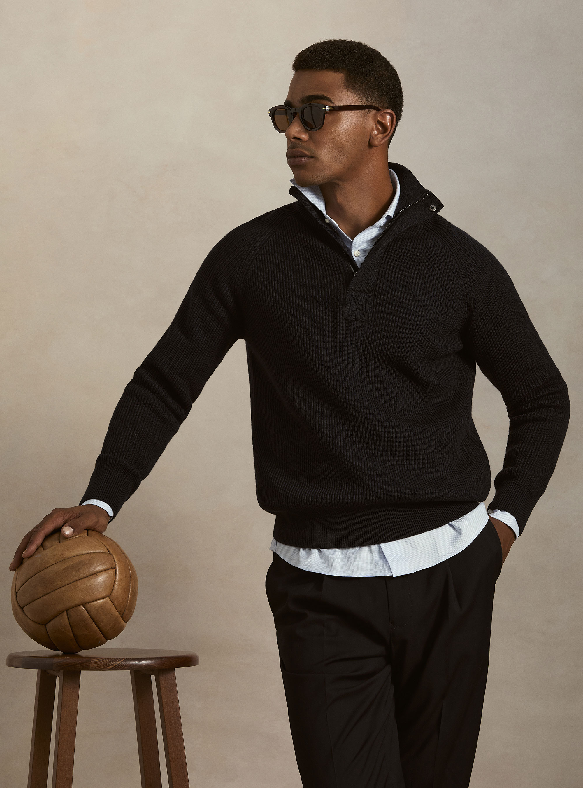 Half-zip ribbed wool and cotton sweater, NAVY BLUE