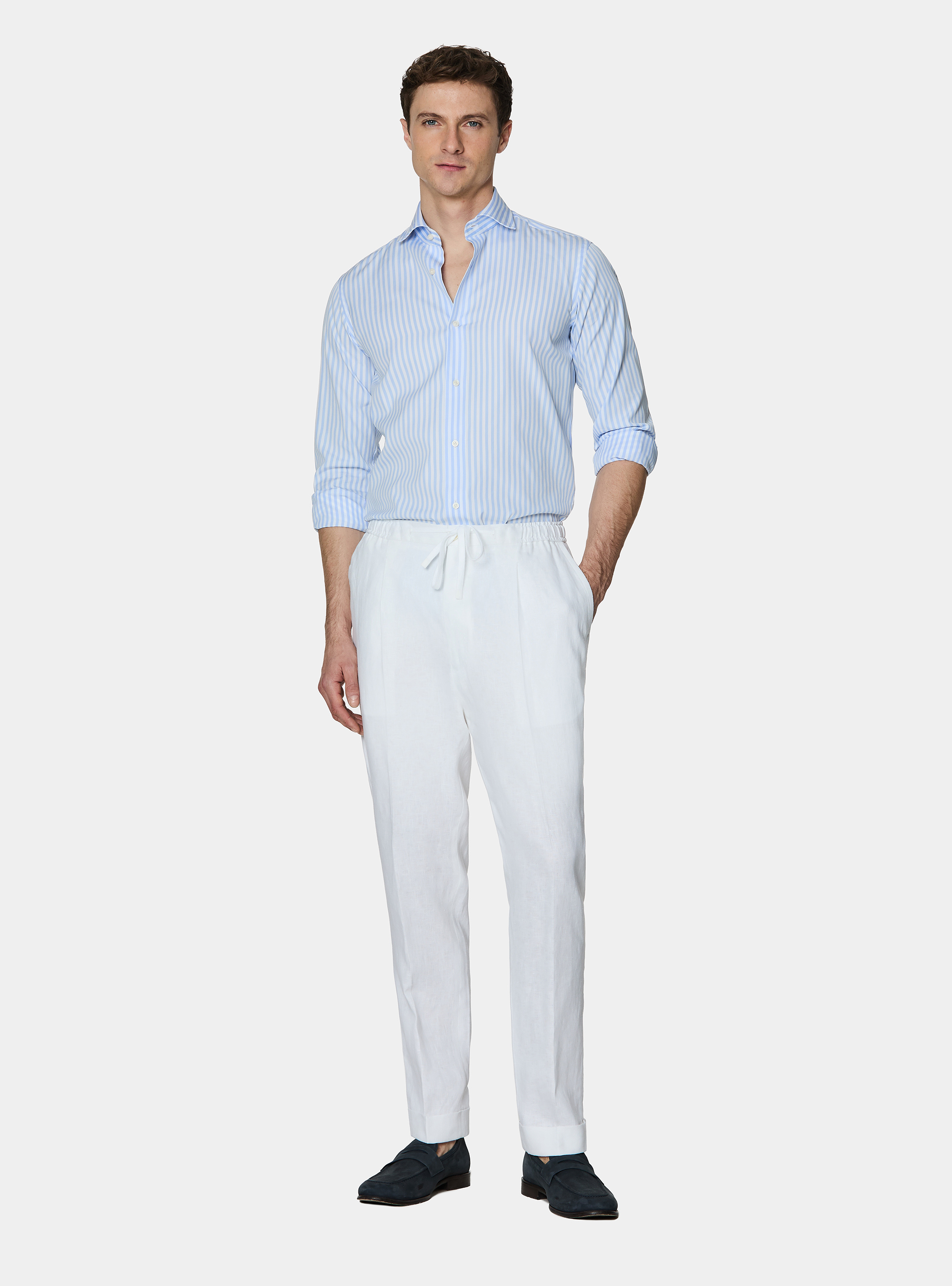 Pure linen trousers with pleat and drawstring, WHITE