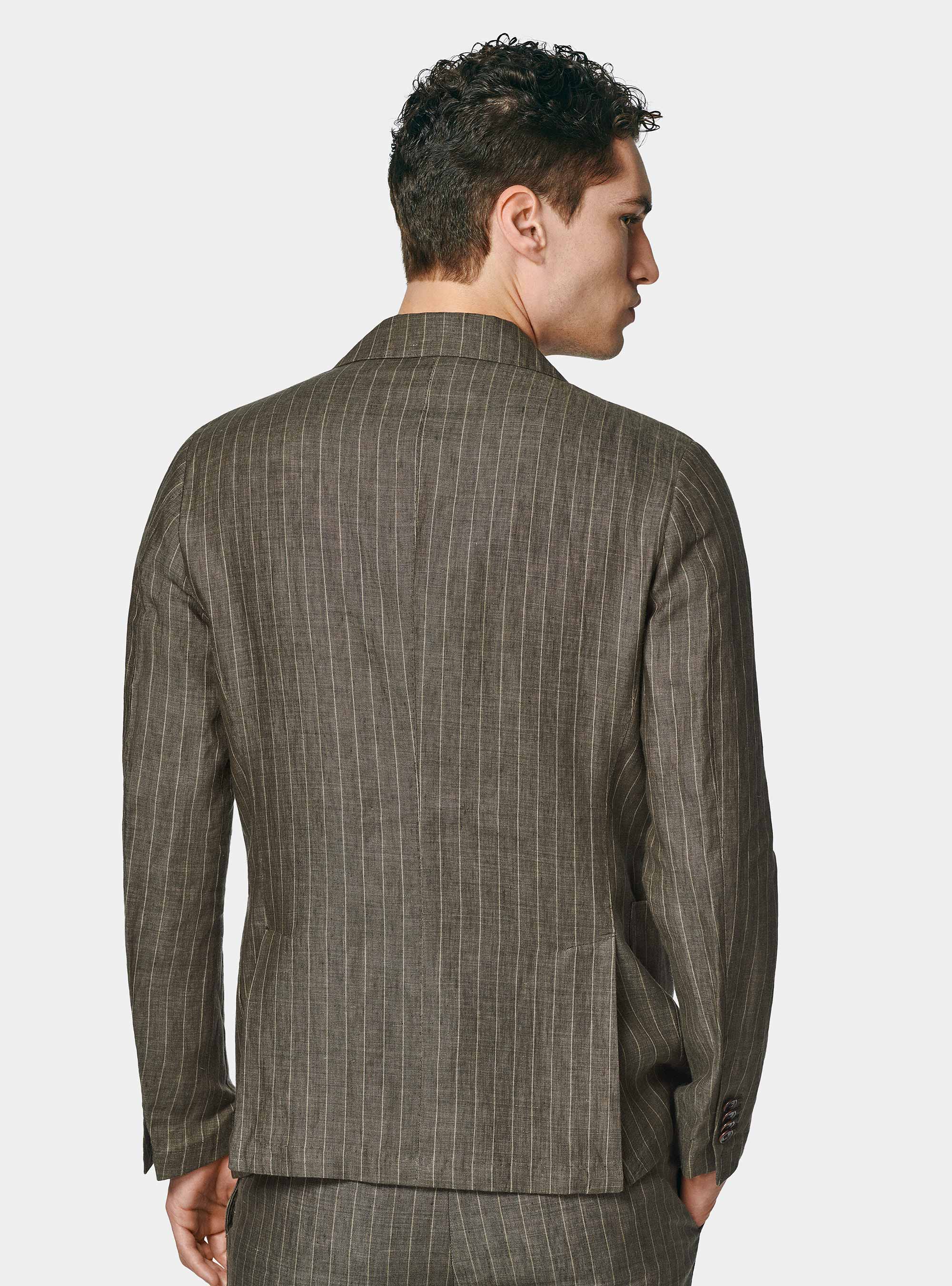 Double-breasted pinstripe suit blazer in delav&eacute; linen, BROWN