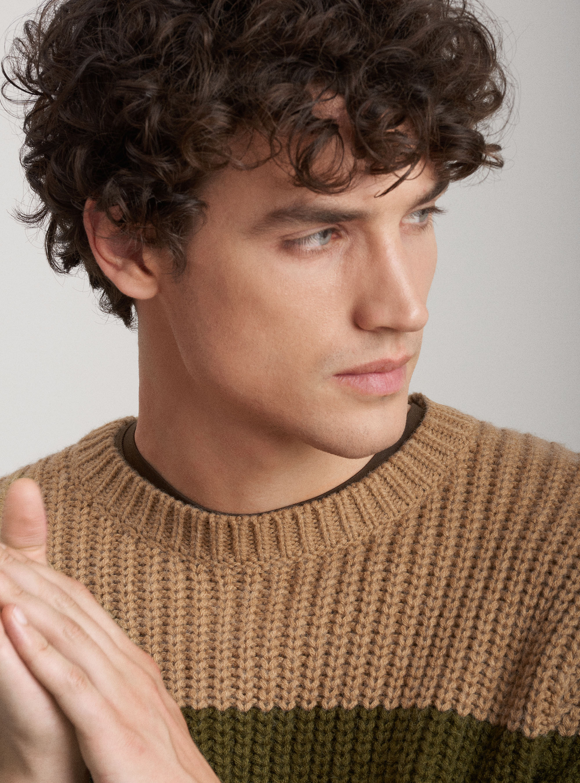 Wool striped round neck pullover, SAND