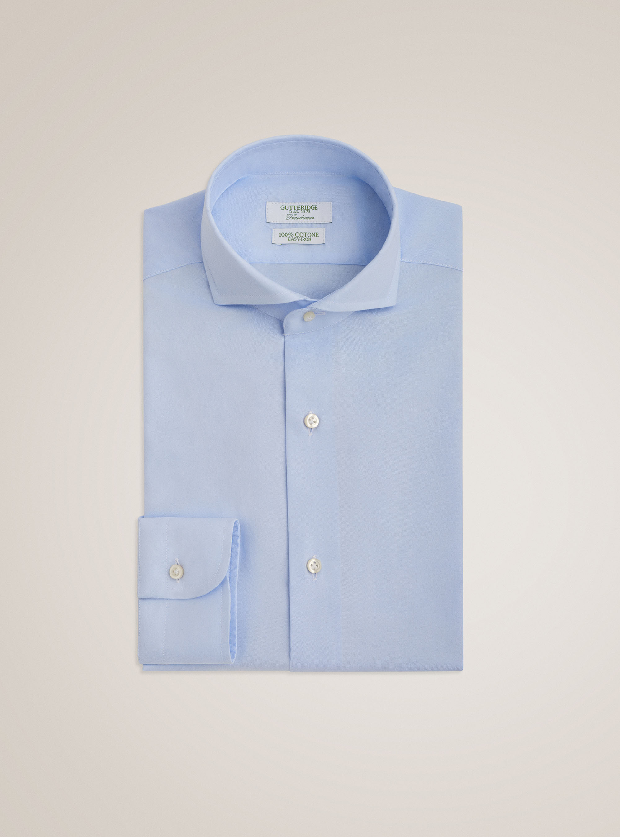 Camisa de viaje con cuello franc&eacute;s en algod&oacute;n oxford, CELESTE