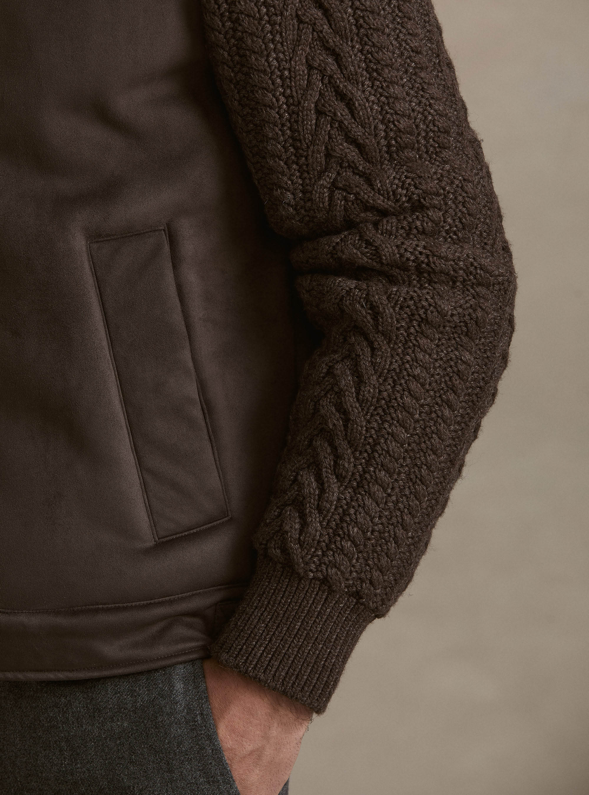 Montone effetto suede con maniche in maglia, MARRONE