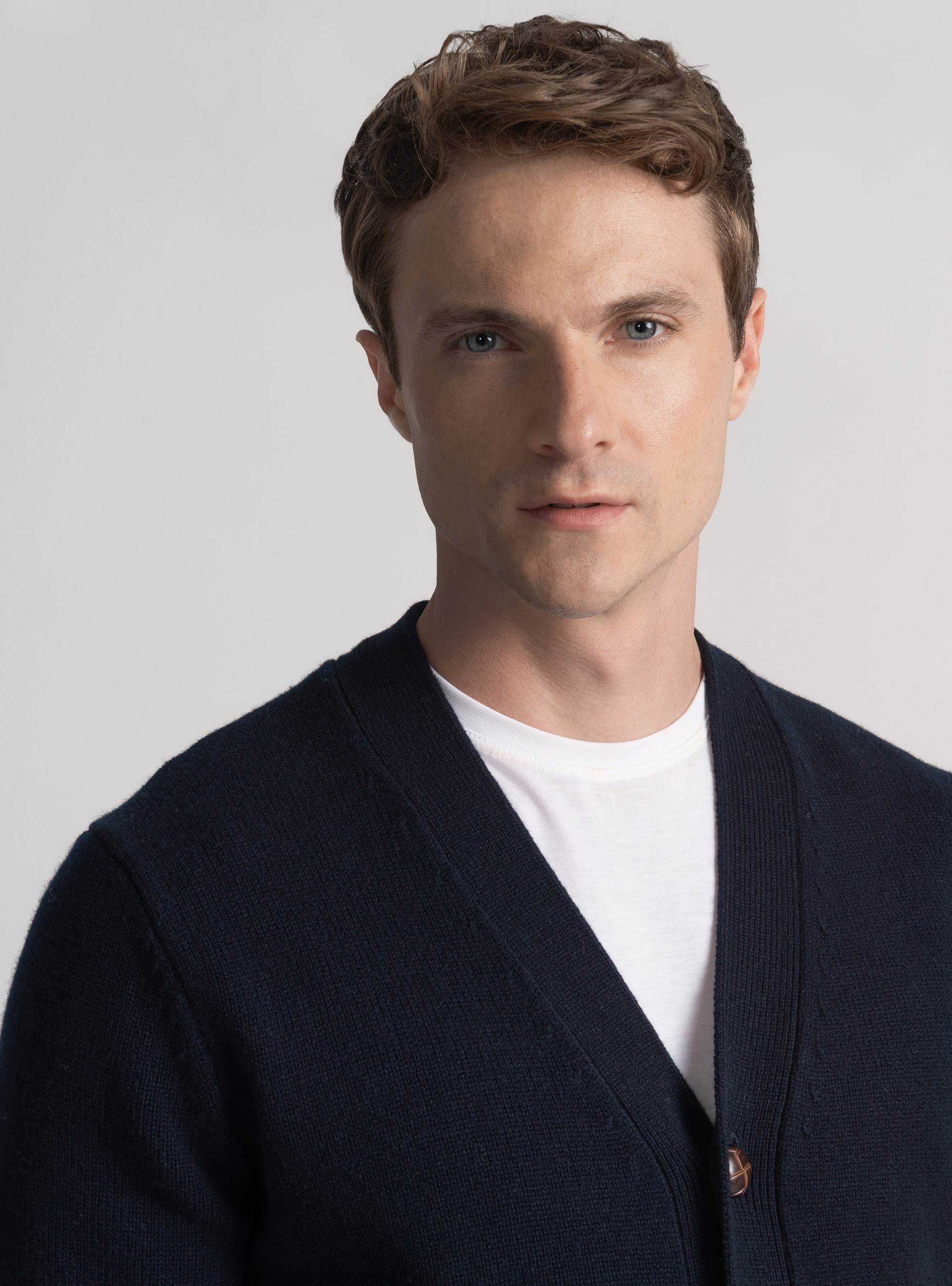 Maglia a cardigan in lana e cashmere, BLU NAVY