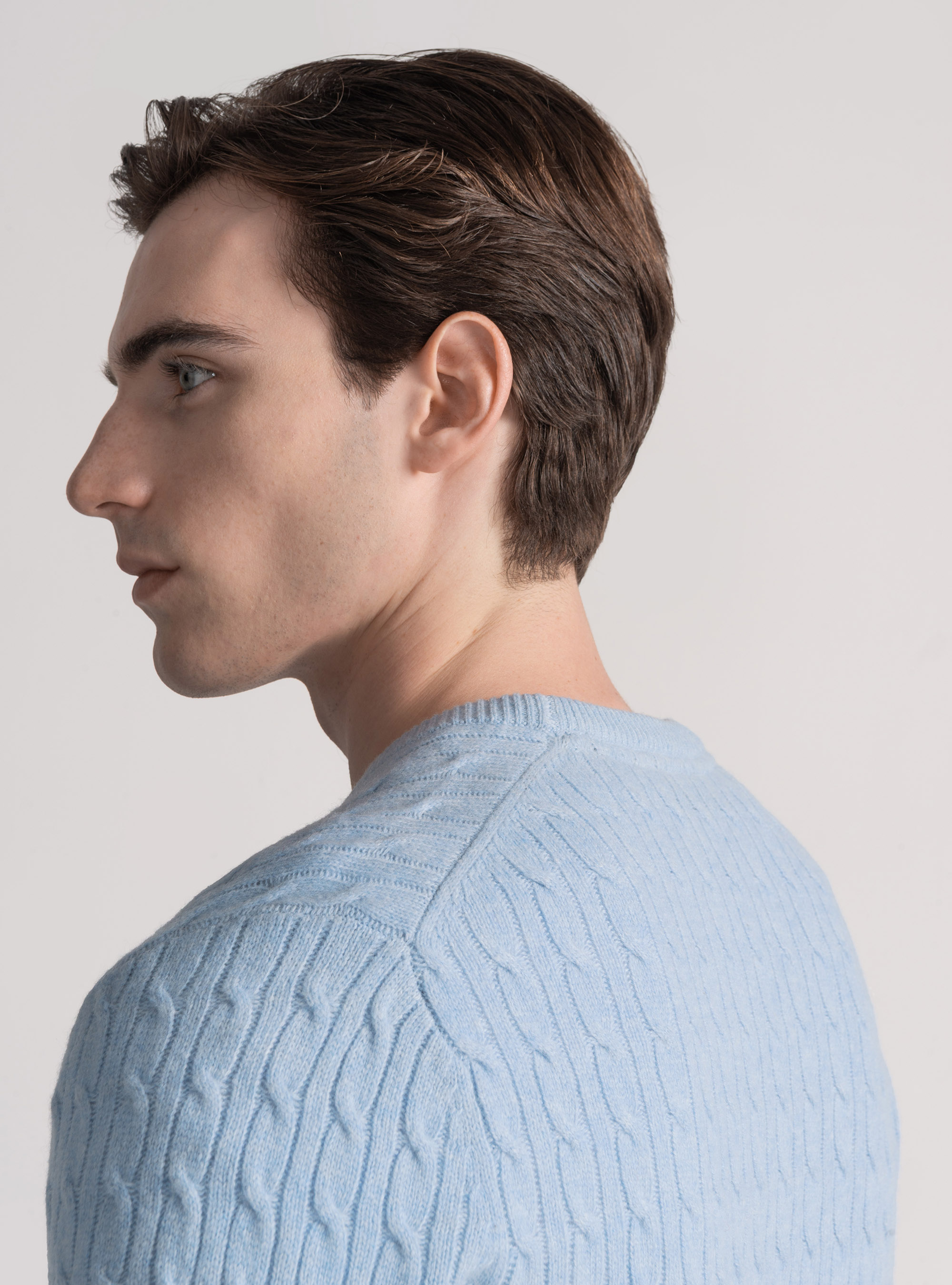 Maglia girocollo con treccia in lana e cashmere, AZZURRO POLVERE 0283C