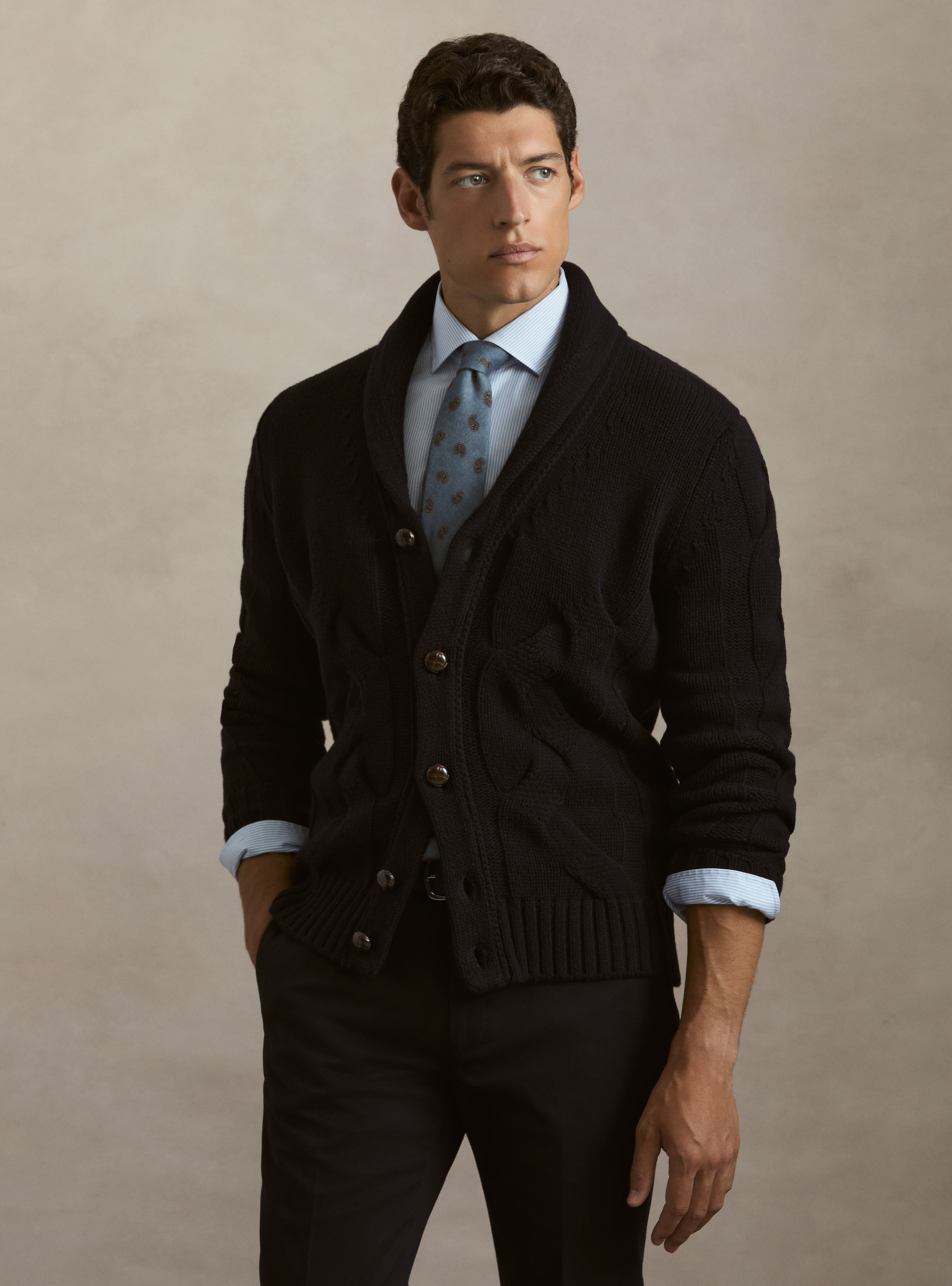 Cardigan sciallato con treccia in lana lambswool e cashmere, BLU NAVY