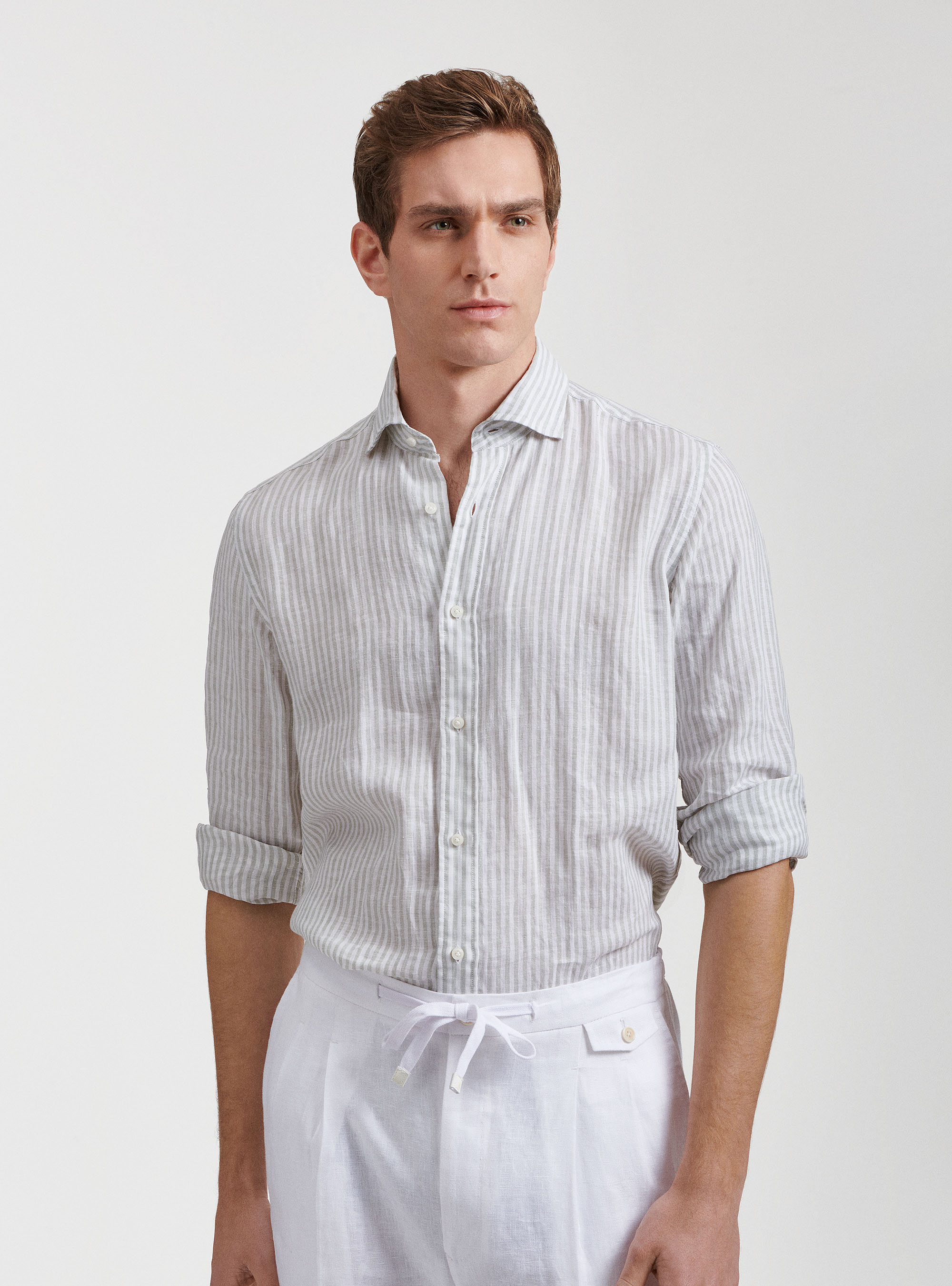 Camicia collo semi francese in puro lino rigato, SALVIA 0602C