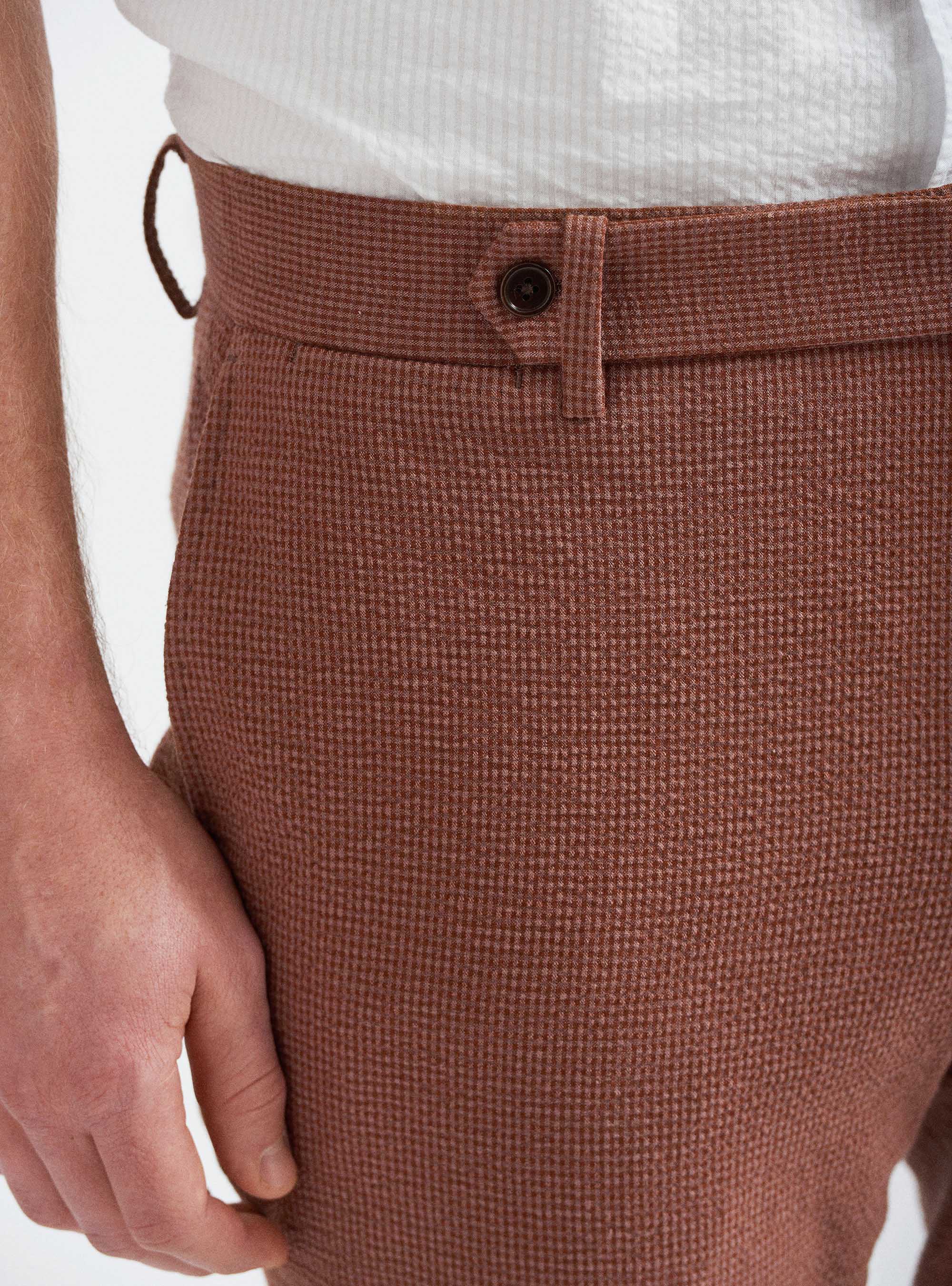 Pantaloni per abito in cotone seersucker, TABACCO