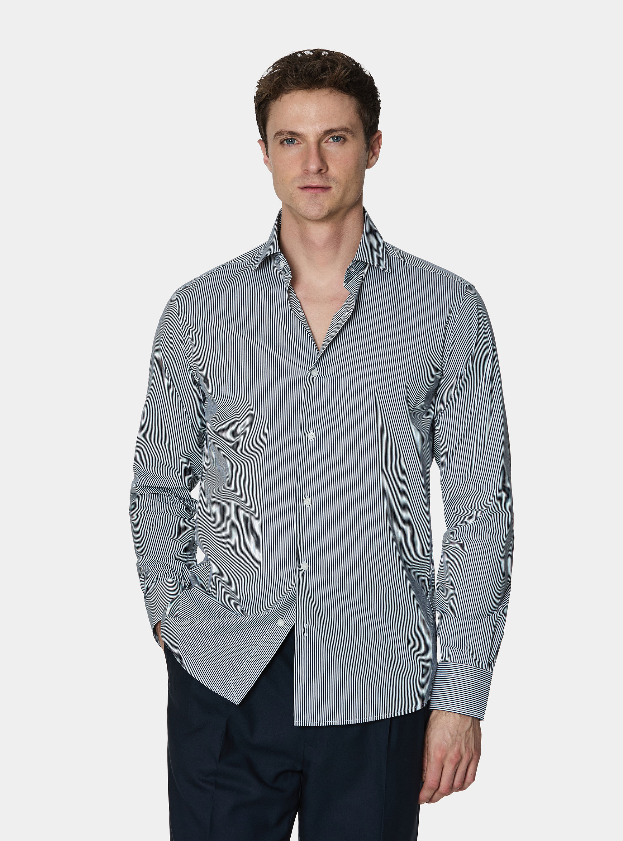 Camicia in cotone rigato popeline stretch, BLU NAVY