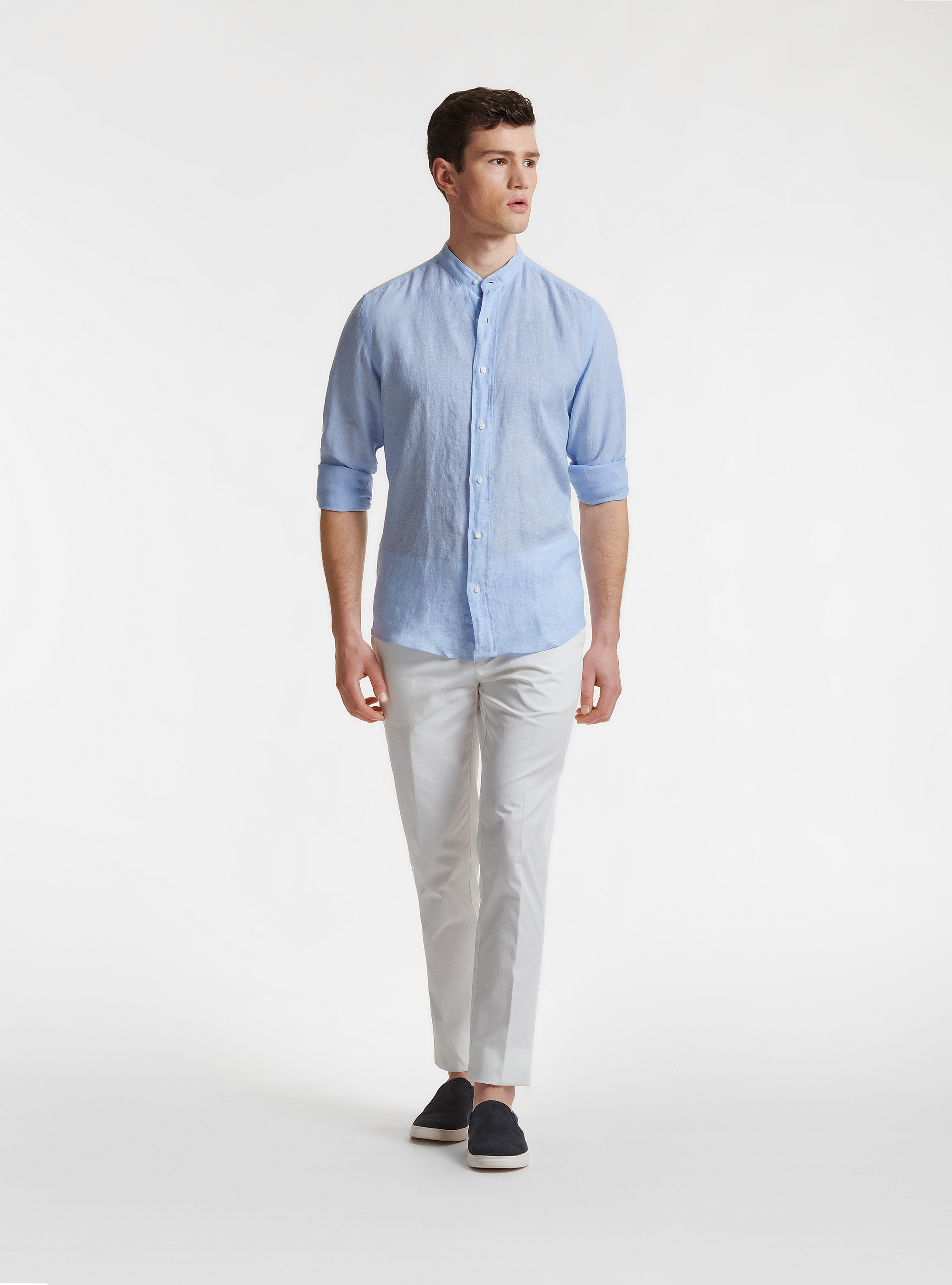 Camisa de cuello coreano en puro lino, CELESTE