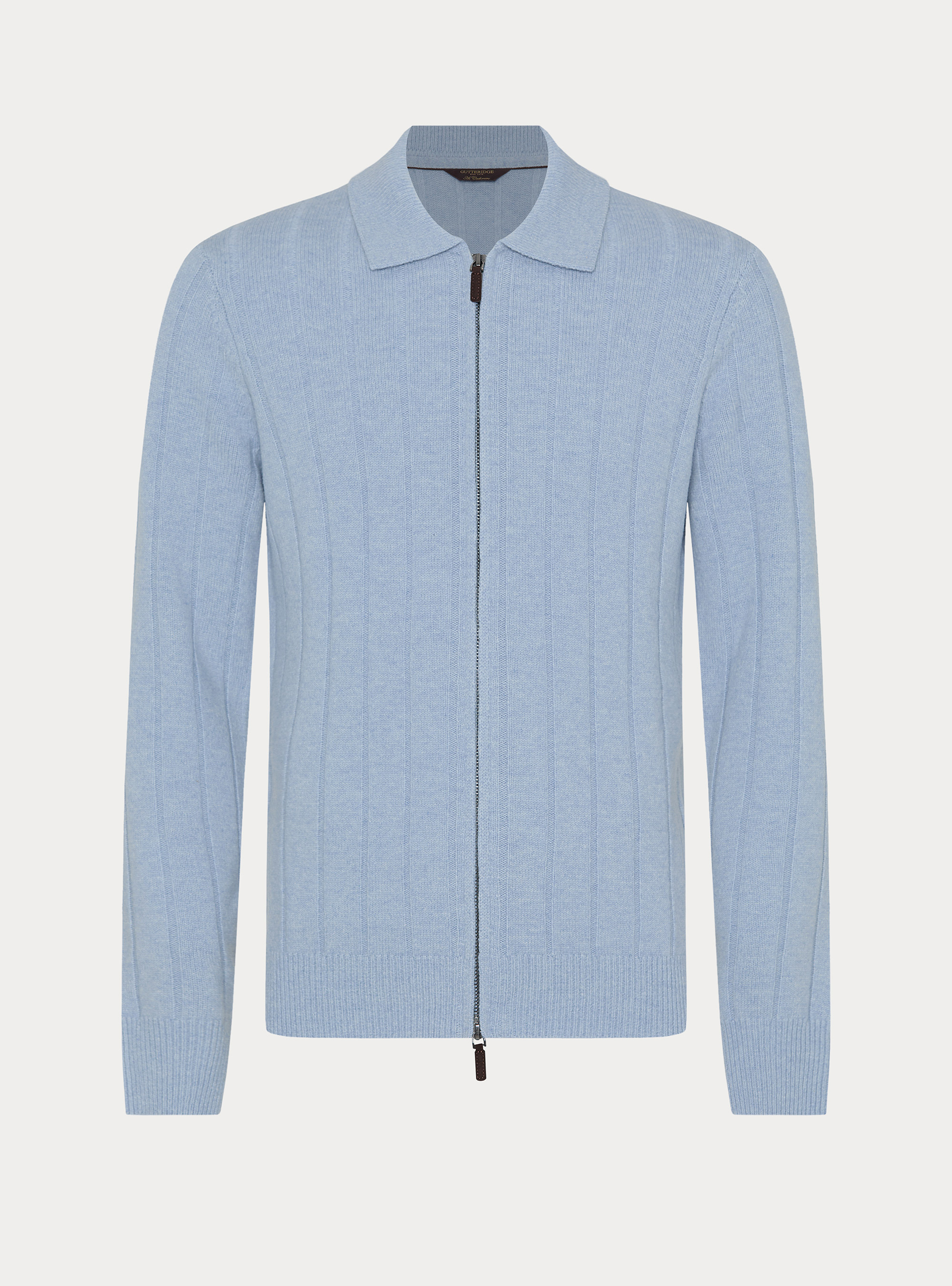 Chaqueta de cremallera de lana y cachemira de canal&eacute; plano, AZZURRO POLVERE 0283C