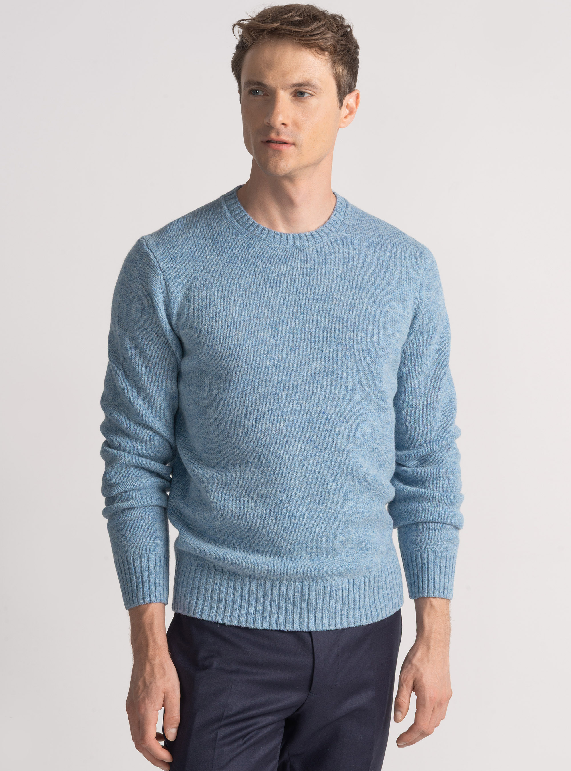 Maglia girocollo in lana shetland, AZZURRO