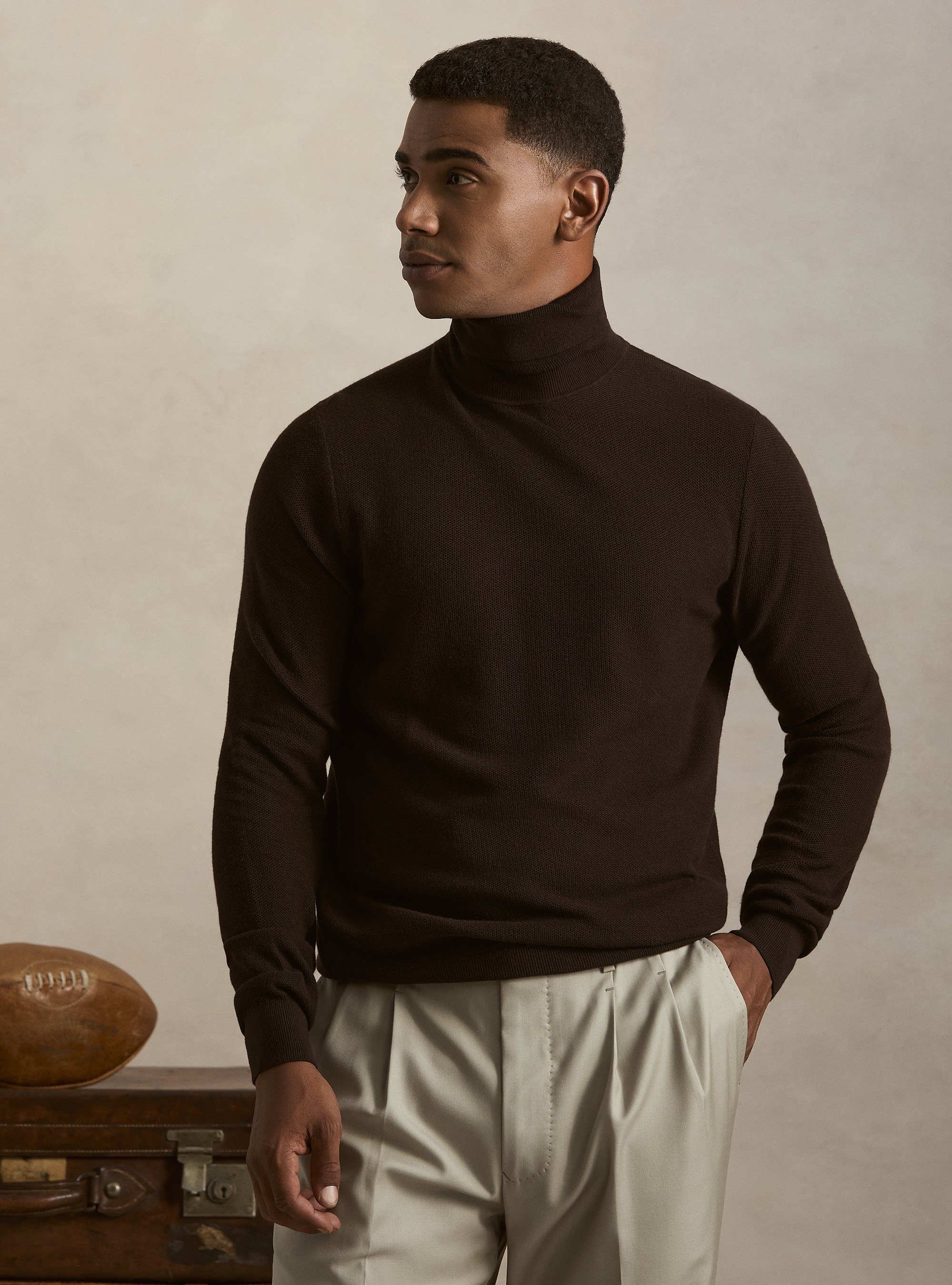 Waffelstrick-Rollkragenpullover, MARRONE 0507C