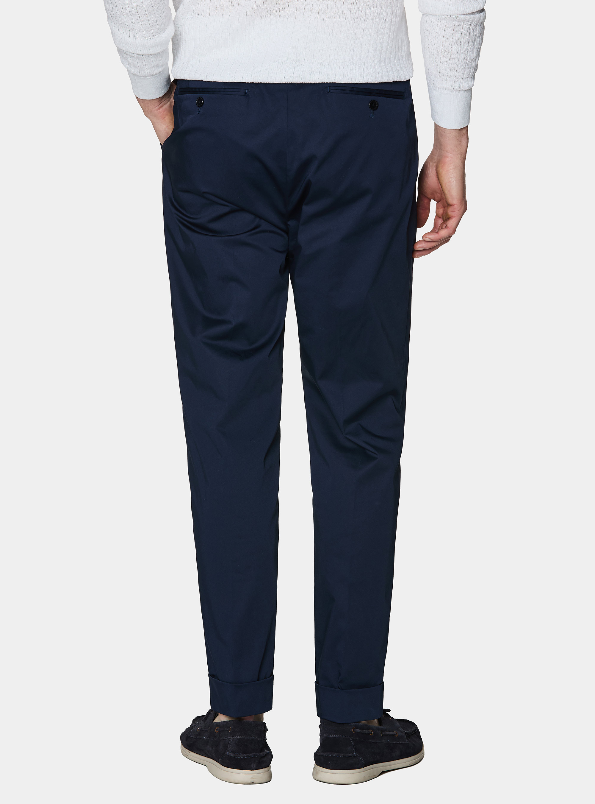 Stretch poplin cotton pleated trousers, NAVY BLUE