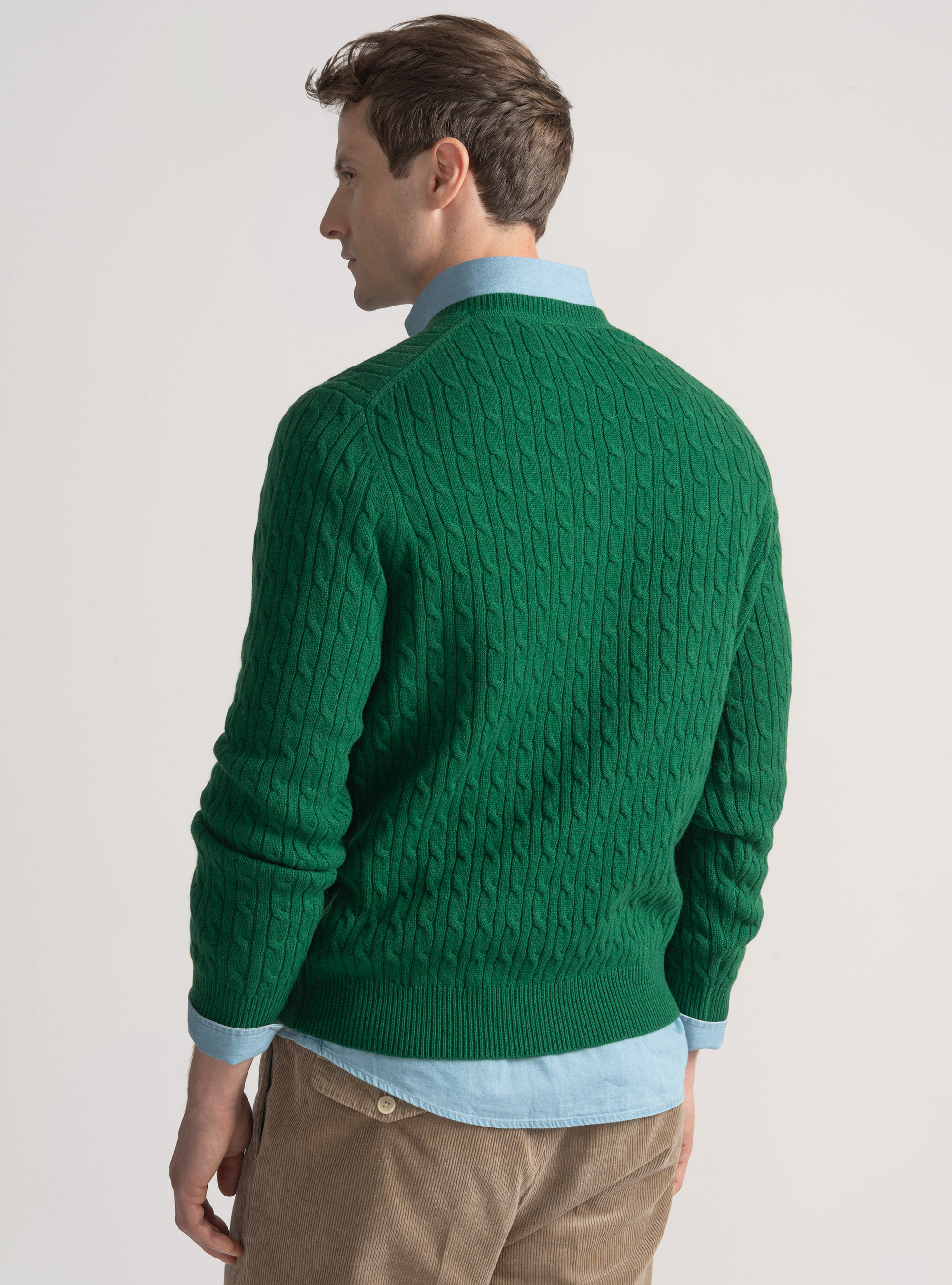Maglia scollo a V con treccia in lana merino, VERDE