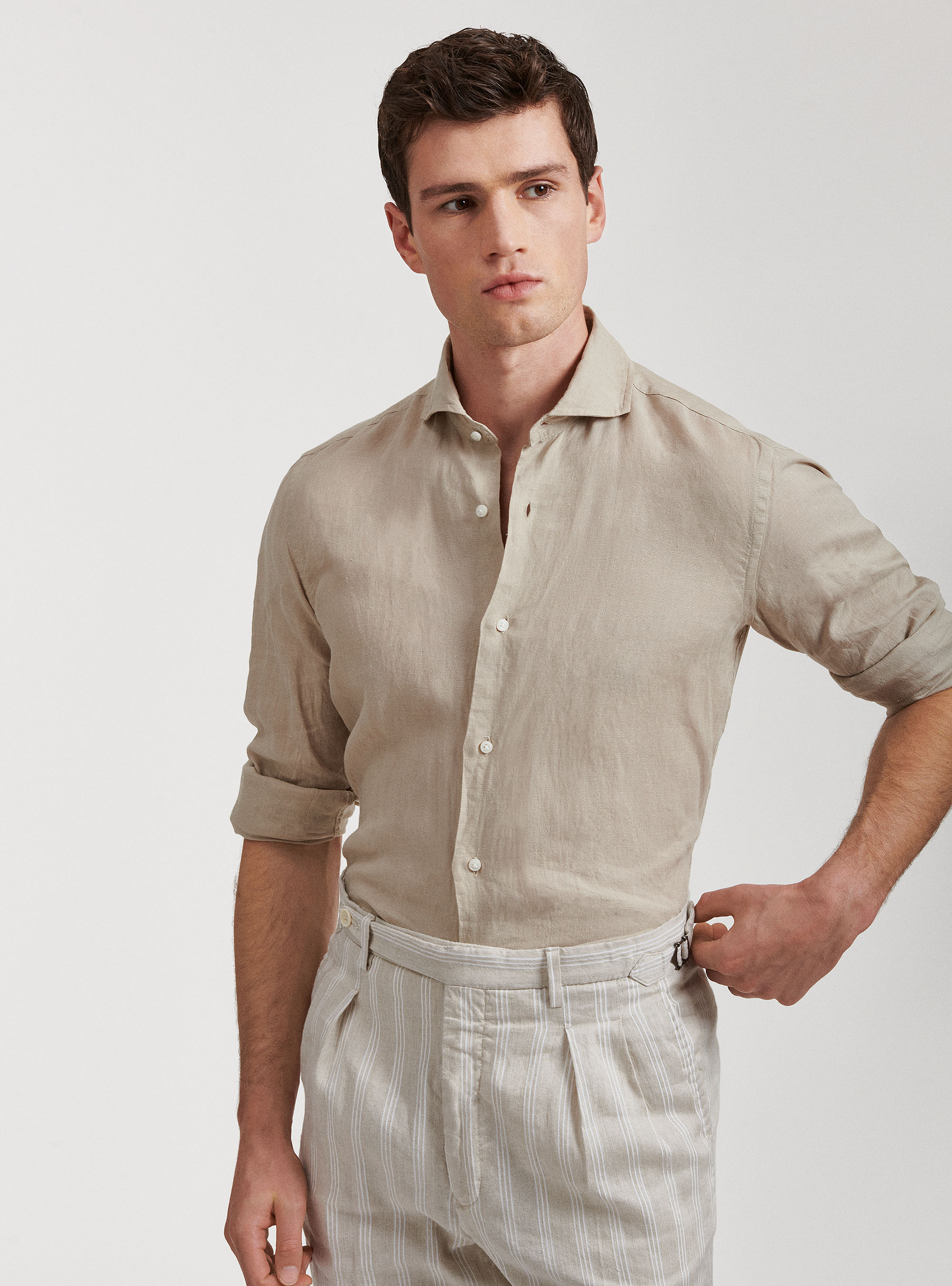 Camicia collo francese in puro lino, SABBIA