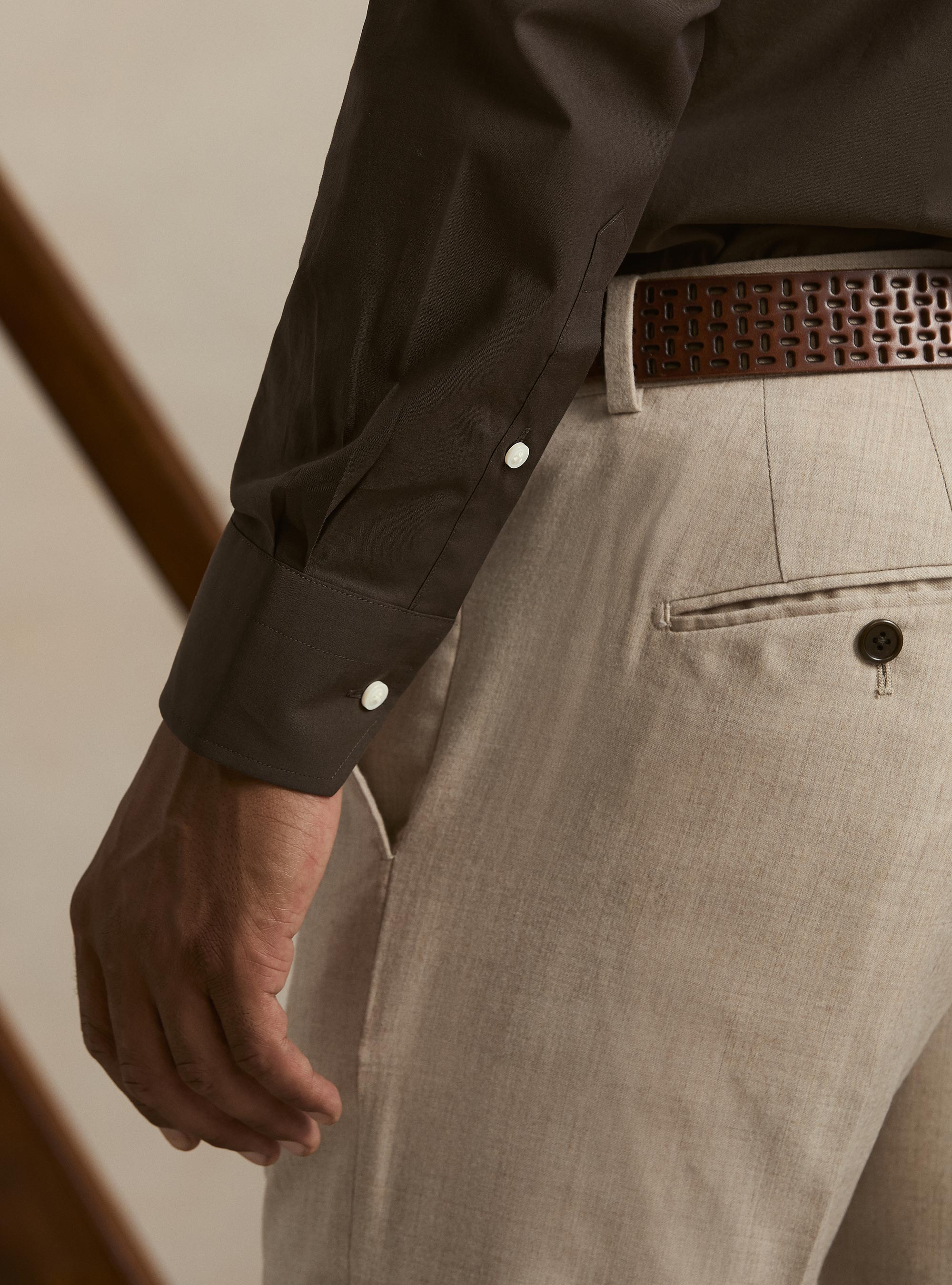 Cotton poplin stretch shirt, BROWN