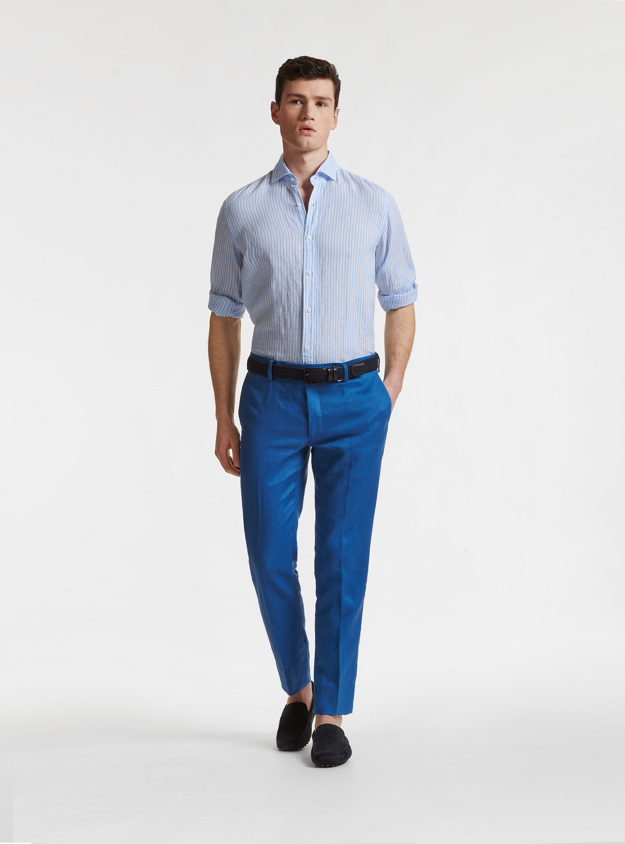 Camicia collo semi francese in puro lino rigato, AZZURRO