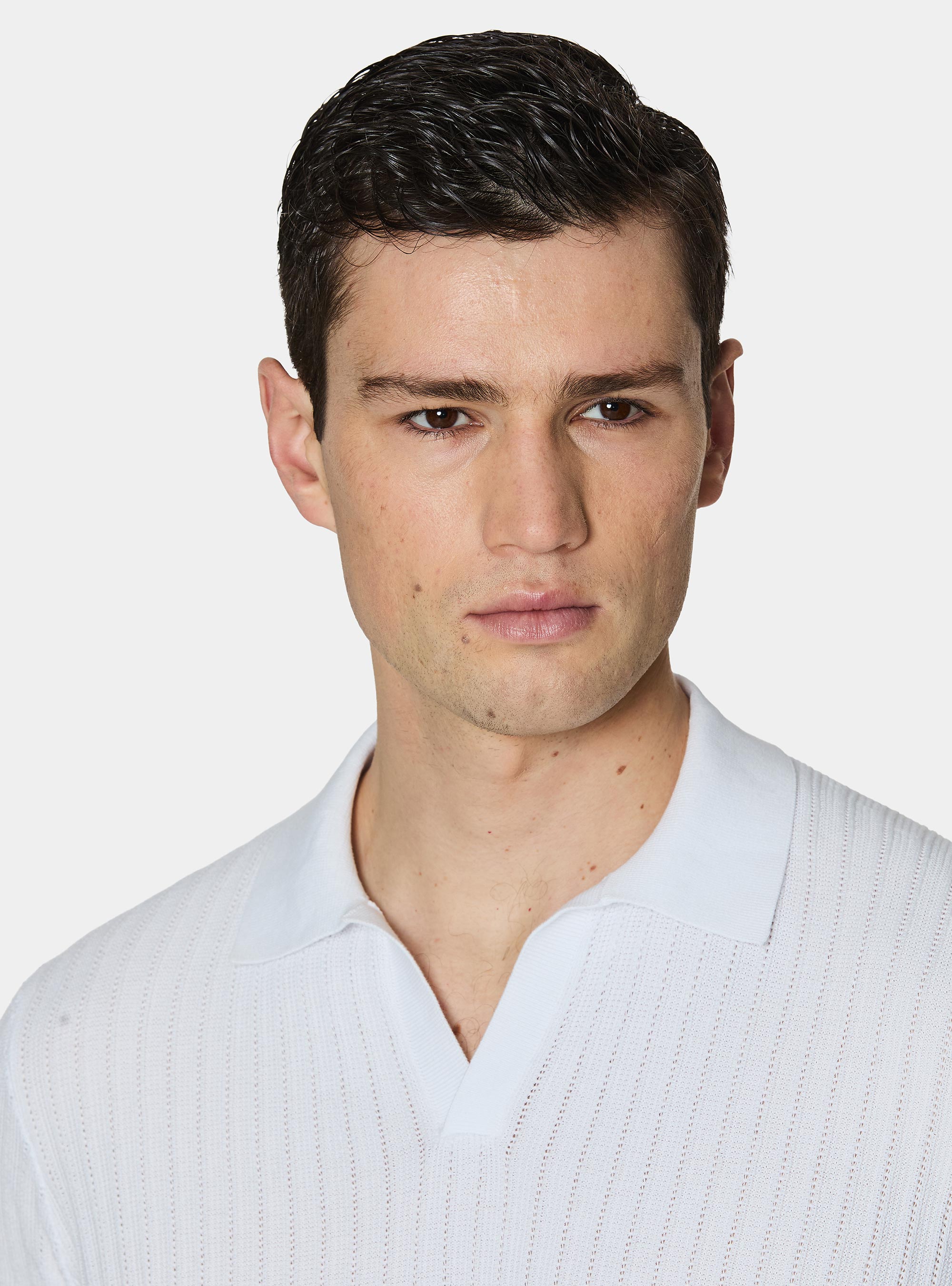Perforated knit polo shirt without buttons in extra-fine cotton, WHITE