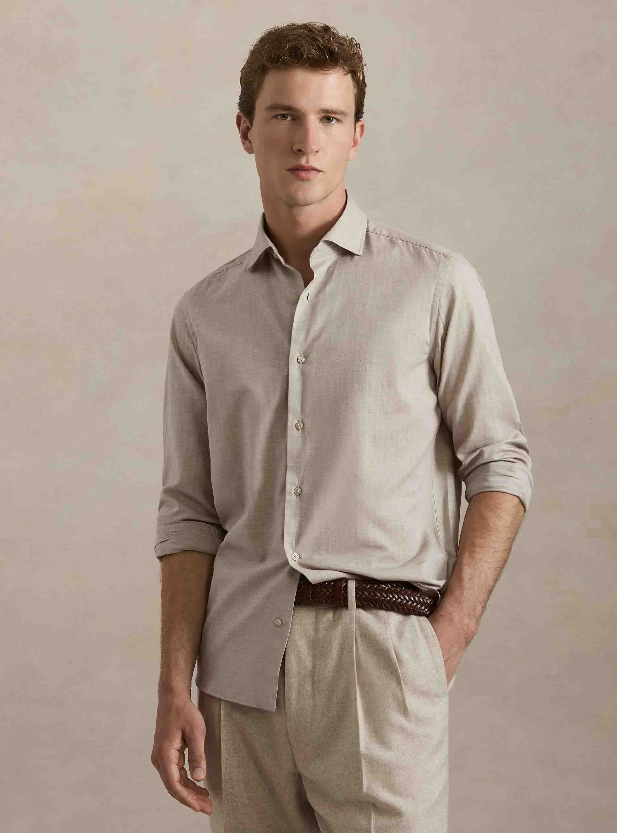 Camicia in flanella di cotone spigato, SABBIA