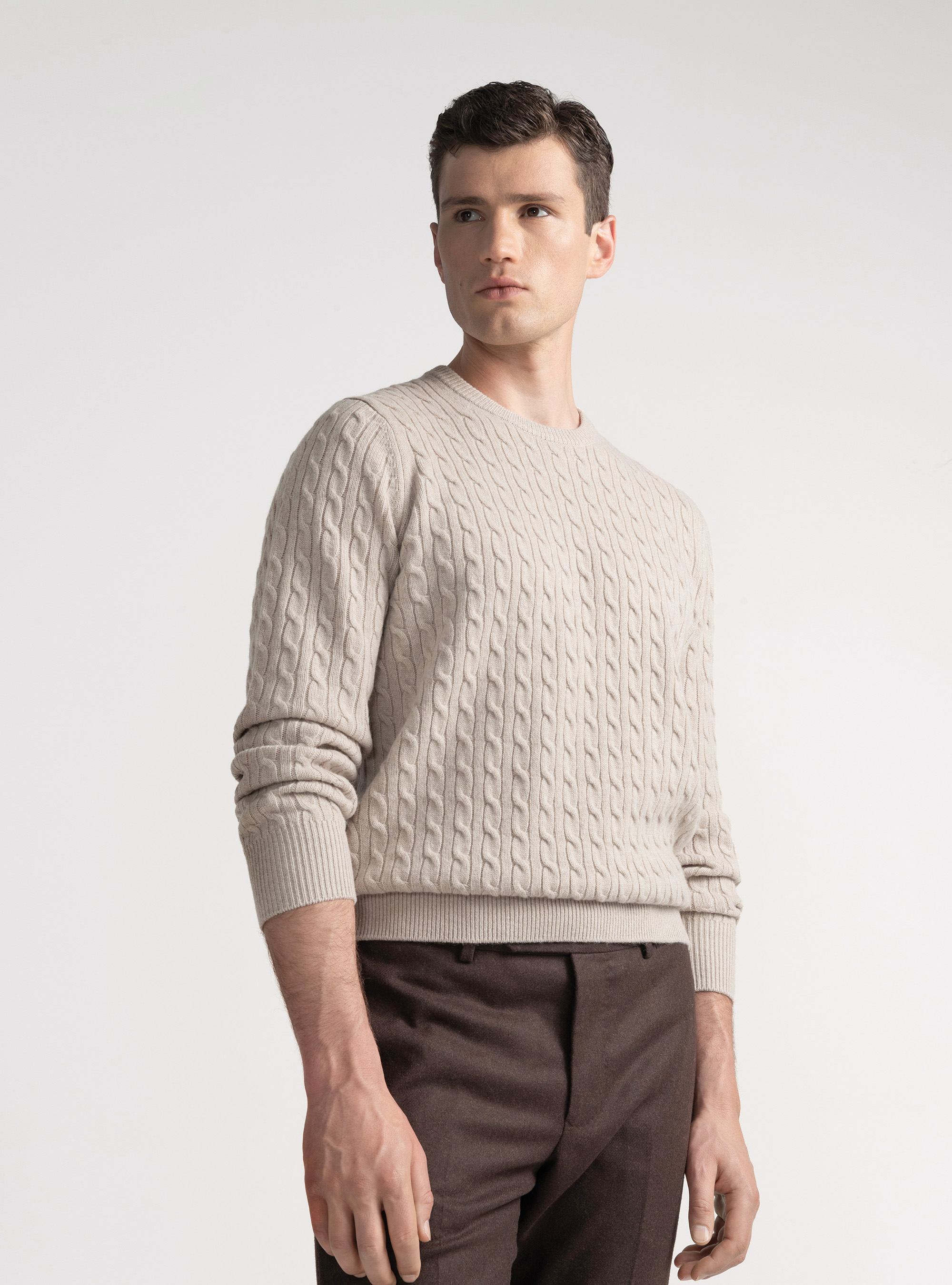 Crew-neck sweater with wool and cashmere braid, ECRU